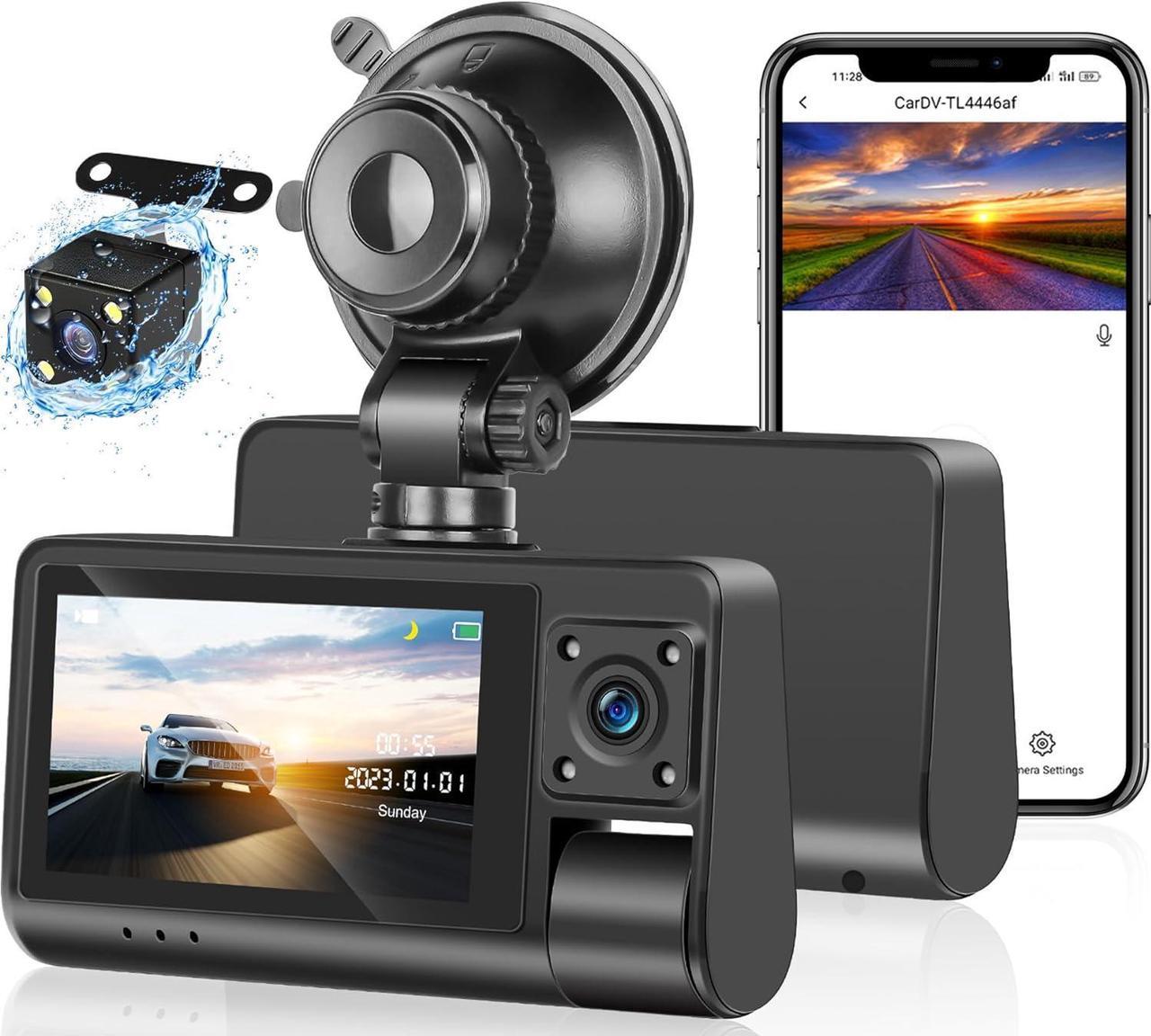 3 Channel Dash Cam Front and Rear Inside, 3 Inch 1080P Touch Screen Dash Camera for Cars Three Way Triple Car Camera with APP Control,IR Night Vision,Loop Recording, G-Sensor, 24H Parking Monitor