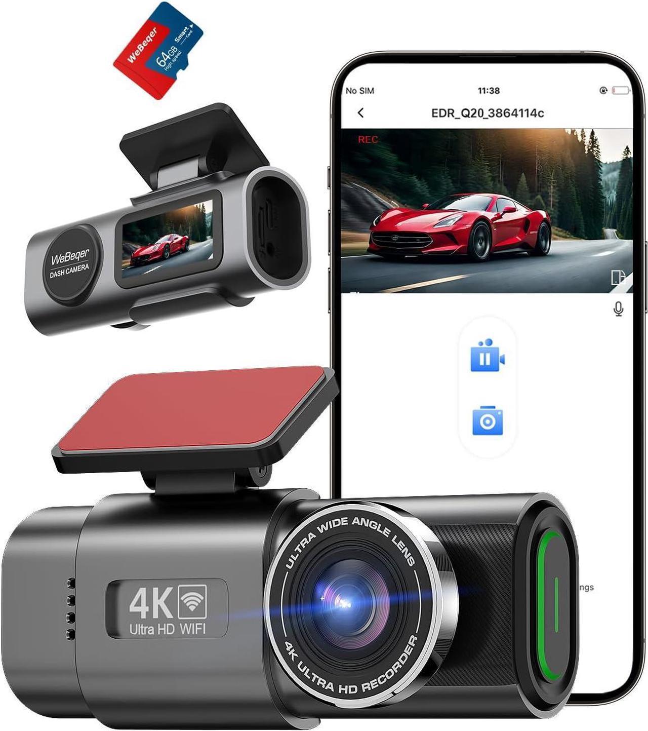 Dash Cam 4K UHD Front and 1080P Rear with Free 64GB SD Card 2160P WiFi Car Camera Dual Dashcam for Cars,Smart App Control,WDR,Super Night Vision,Parking Mode,G-Sensor,Loop Recording,Support 256GB Max