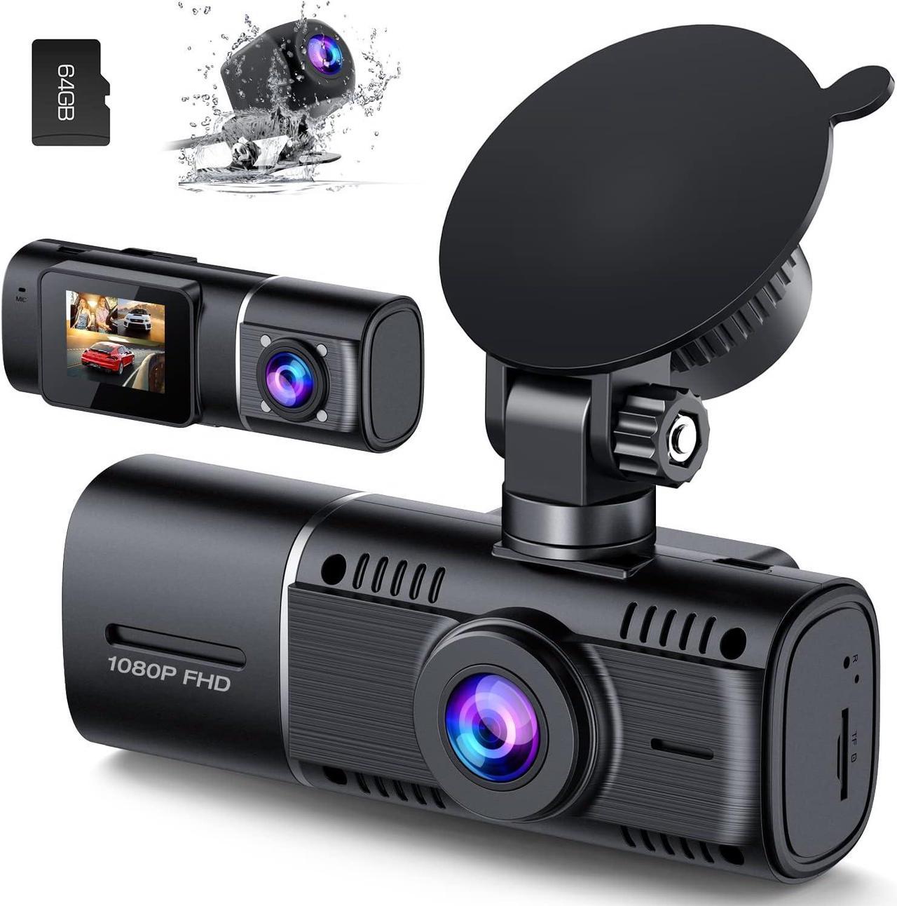 LAMTTO 3 Channel Dash Cam, Front and Rear Inside Triple Car Camera, 1080P Dash Camera for Cars with 64GB SD Card, 1.5 inch Driver Recorder Built in IR Night Vision WDR