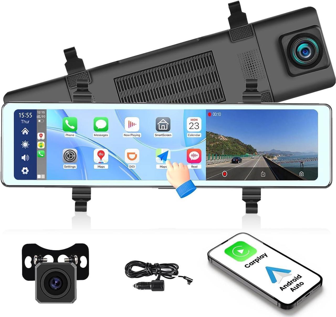 11.26 inch Portable Bluetooth Mirror Dash Cam with Apple Carplay/Android Auto Car Stereo Reversing Monitor Kit Vehicle Backup Camera 2 Split Screen/Bluetooth/DVR Loop Recording/Voice Control DC7V-32V