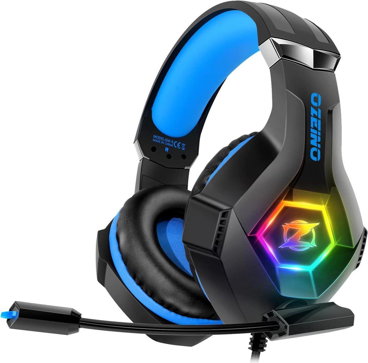 Ozeino Gaming Headset for PS5 PS4 Xbox One Switch PC, Over Ear Gaming Headphones with Noise Cancelling Microphone Volume Control RGB Light, Deep Bass Stereo Sound Headset for Laptop Mac Phone