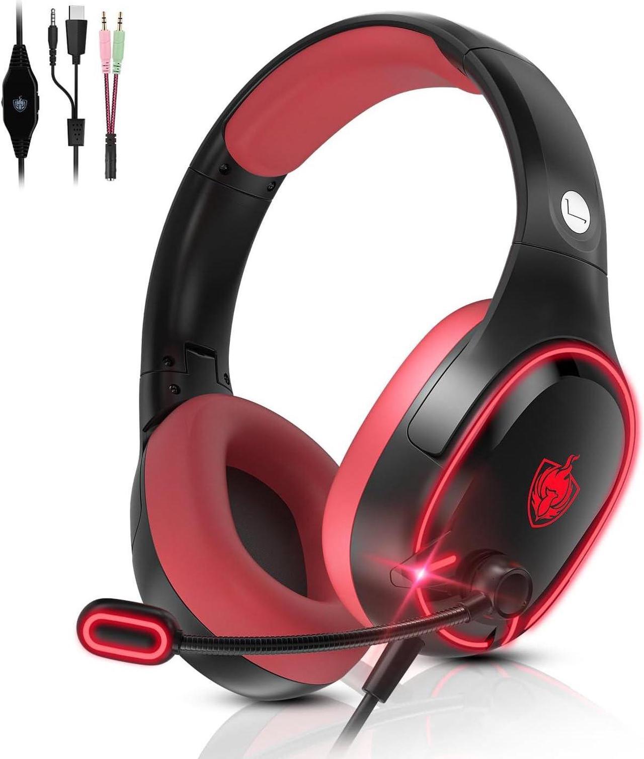 Gaming Headset for PC PS4 PS5 Nintendo Switch, 7.1 Stereo Sound Over Ear Headphones with Noise Cancelling Mic & LED Light, Audio Accessories for Laptop, Tablet, Mac (Red)