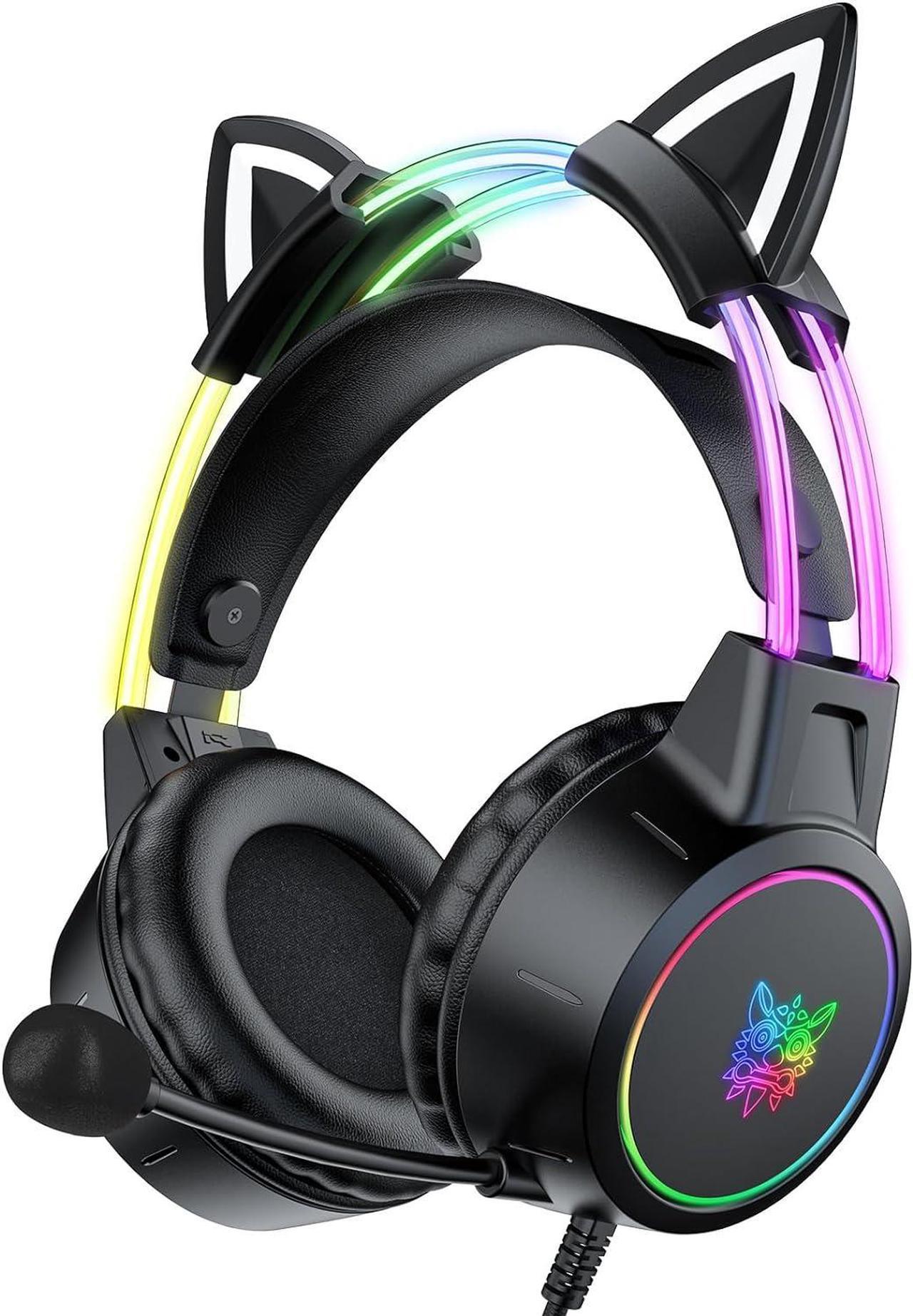 Lightweight Gaming Headsets with Removable Cat Ears,Gradient RGB Light, Wired Over- Ear Headphones for PC/PS4/PS5/XBOX/Switch, Virtual Surround Sound & Noise Cancelling Mic, Auto-Adjust Headband, Pink