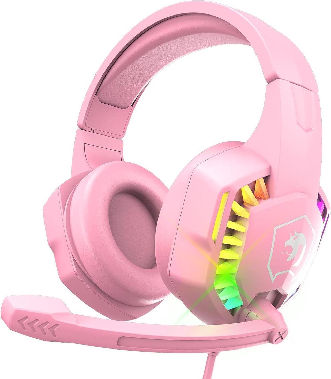 Wired Gaming Headset with Rainbow RGB Backlight Retractable Noise Isolating Microphone Stereo Sound Deep Bass Memory Foam Earmuff Over Ear Headphone for PS4 Xbox One Switch PC Mac Gamer Music (Pink)