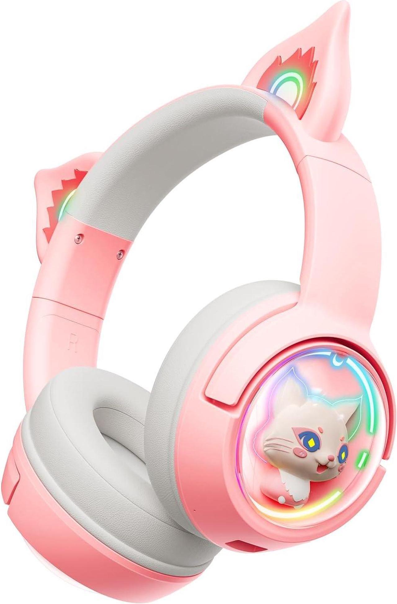 PHNIXGAM Cute Cat Bluetooth Headphones, Wireless & Wired Mode Headset with Mic, RGB LED Light, for Girls Women School Gaming, Compatible with Mobile Phones PC Tablet, Pink