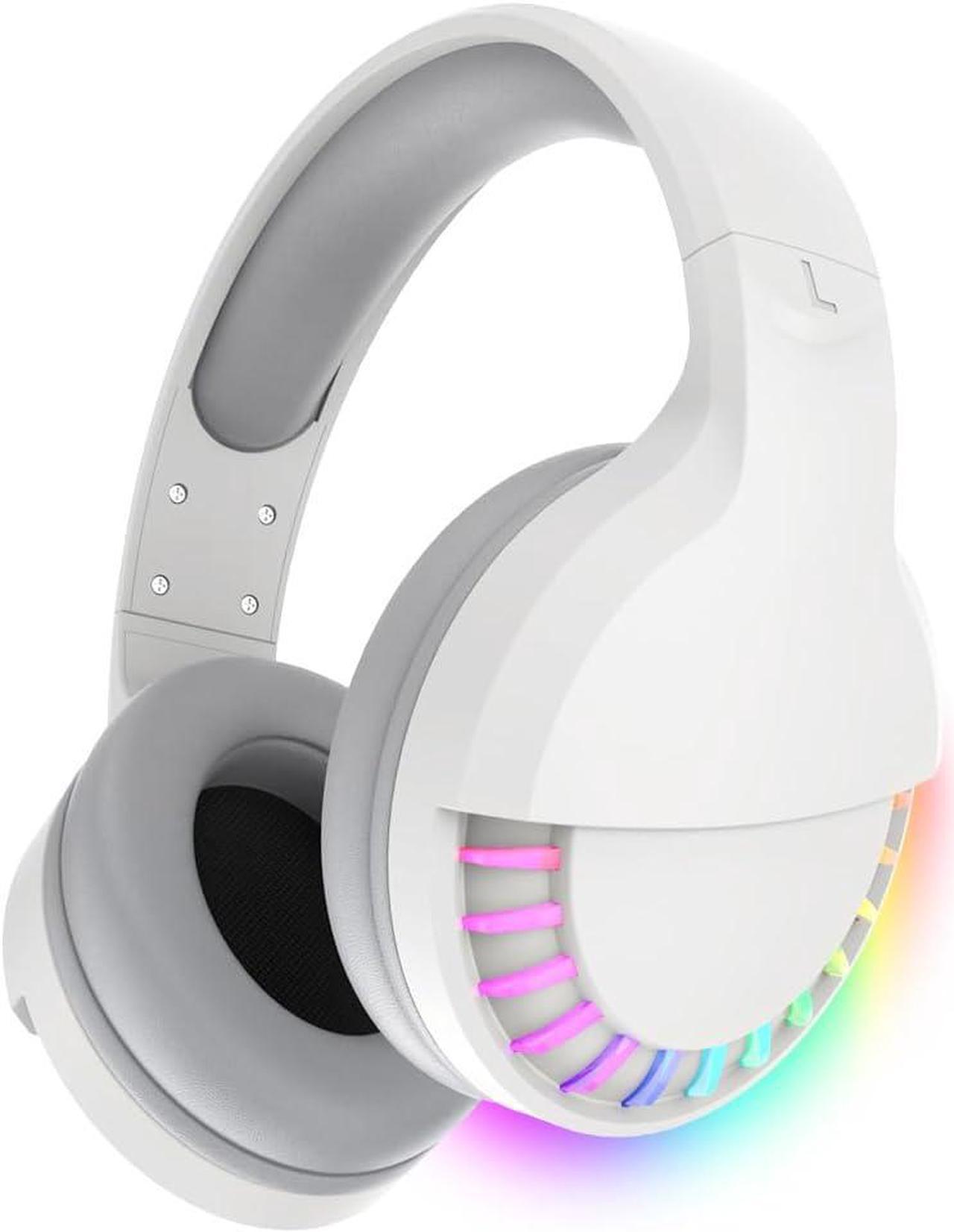 Wireless Bluetooth Headphone with Noise Cancellation HiFi Stereo Sound Mic Deep Bass Protein Earpad Rainbow RGB Backlight Rechageable Over Ear Headset for PC Mac Game Travel Class Home Office (White)