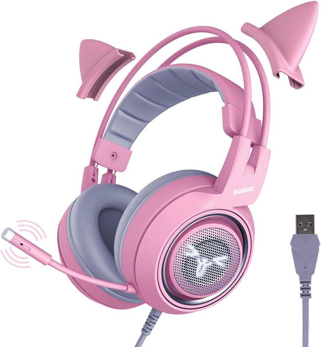 SOMIC G951pink Gaming Headset for PC, PS4, Laptop: 7.1 Virtual Surround Sound Detachable Cat Ear Headphones LED, USB, Lightweight Self-Adjusting Over Ear Headphones for Girlfriend Women