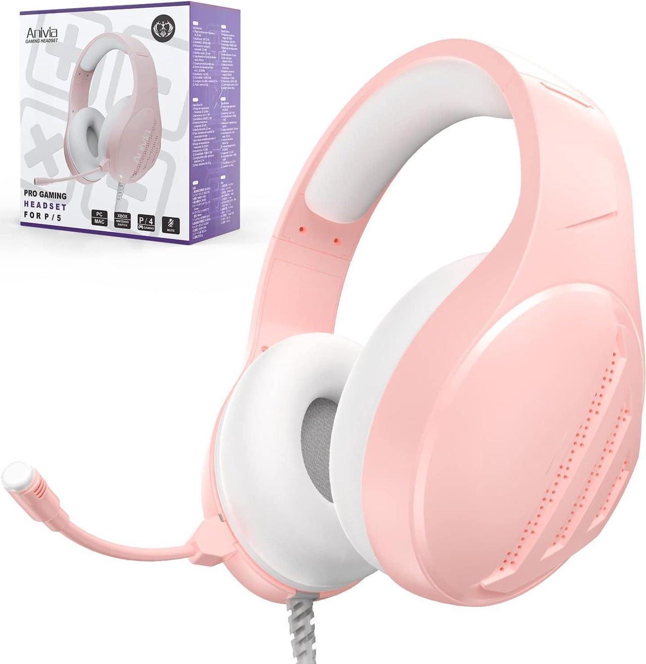 Anivia Computer Headsets Over Ear Stereo Surround Sound Wired Headphones Wired Gaming Headset with Mic for PC MAC PS4 PS5 Xbox One, Pink