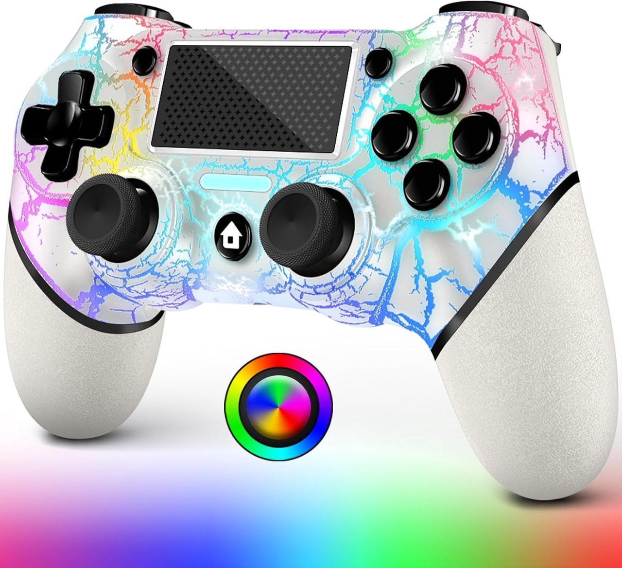 AceGamer Wireless Controller for PS4, White Crack Custom Design with RGB Light,1000mAh Battery and 3.5mm Audio Jack, V2 Gamepad Joystick Compatible with PS4/Slim/Pro and Windows PC! (White-Light Up)