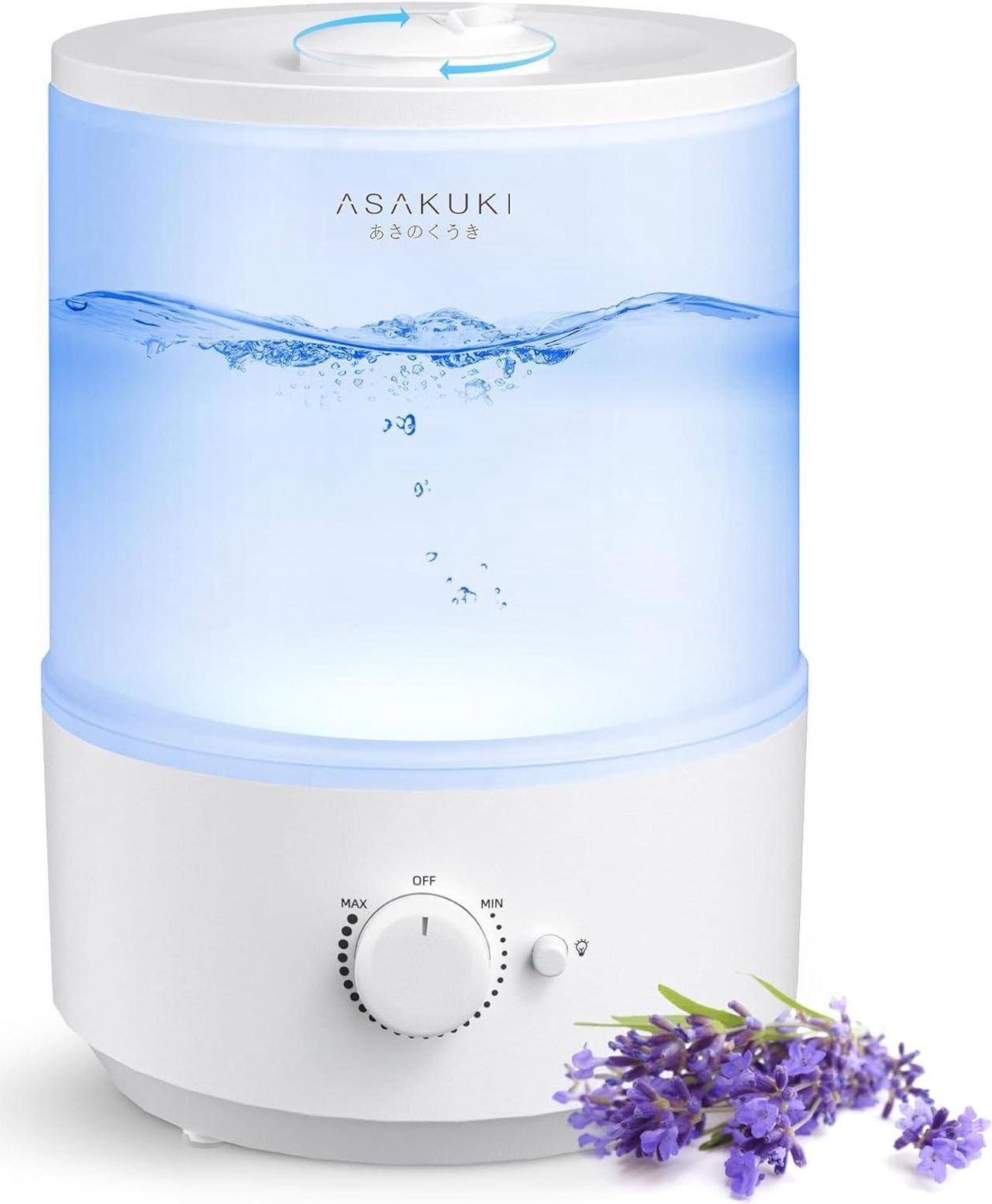 ASAKUKI Humidifiers for Bedroom Home, 3L Top Fill Cool Mist Small Air Humidifier for Baby Nursery Plants Large Room, Essential Oil Diffuser, Night Light, Quiet, Auto Shut-Off, 360 Nozzle, 30H Runtime