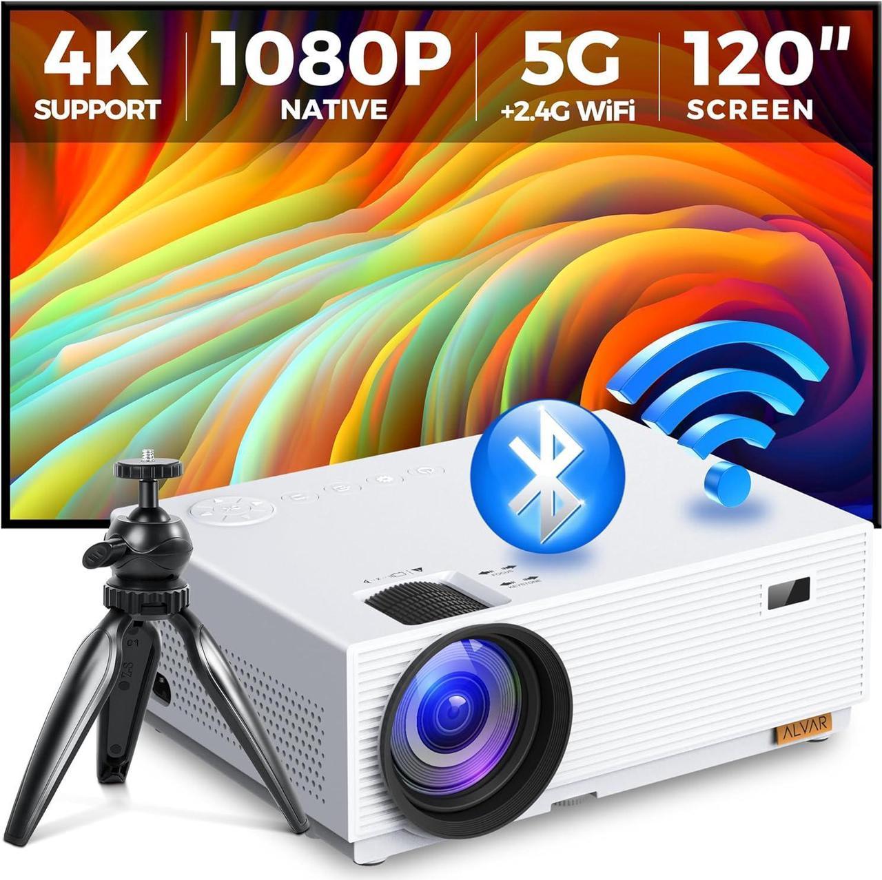 Mini Projector with 5G WiFi and Bluetooth, Alvar 15000L 450 ANSI Native 1080P Portable Projector 4K Support, Outdoor Movie Projector with 120" Screen & 400" Display Compatible w/TV Stick/HDMI/USB/PS5