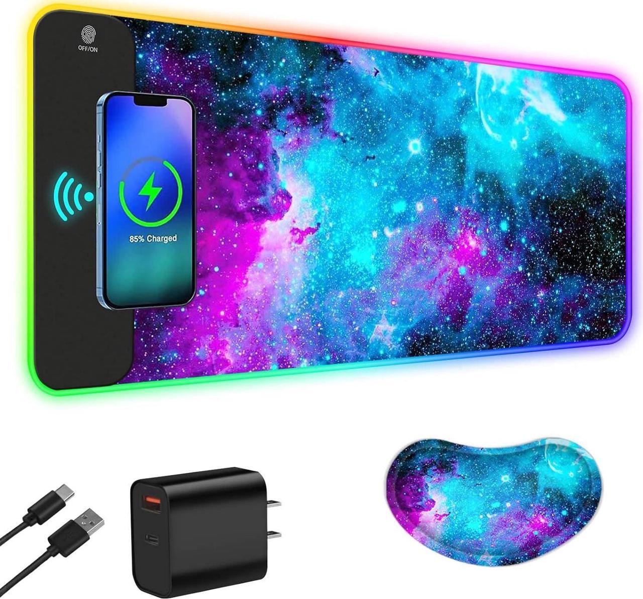 ToLuLu Wireless Charging RGB Gaming Mouse Pad, 15W LED Mouse Mat with 30W Charger, 14 Light Modes Large Mousepad with Wrist Support, Non-Slip Rubber Base Desk Mat Computer Keyboard Pad, Galaxy Nebula