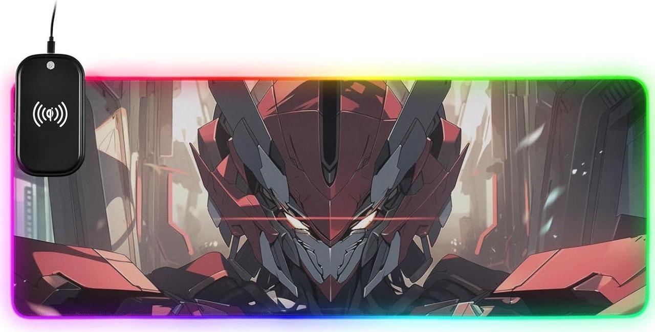 Red Mecha RGB Gaming Large Extended Led Mouse Pad with 14 Lighting Modes, Computer Keyboard Mousepads Mat with 15W Qi Fast Wireless Charging 35.4 x 15.7 Inch