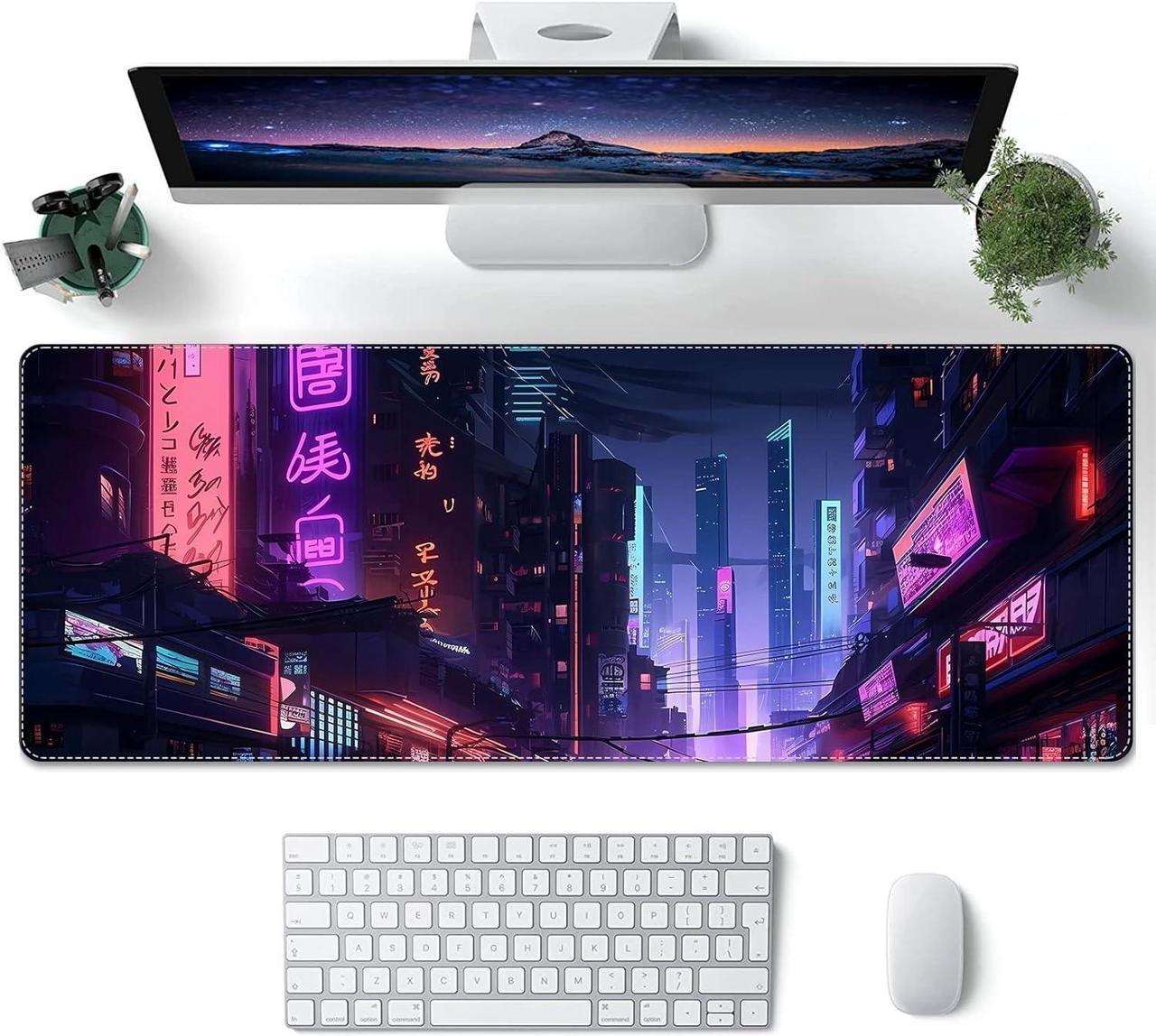 ProbTis Large Cyberpunk Mouse Pad, Gaming Cool Desk Pad, Extended Japanese Keyboard Mat, Neon Tokyo Mouse Pad, Stitched Edges, Non-Slip Rubber Base, 31.5x11.8 (Dark City)