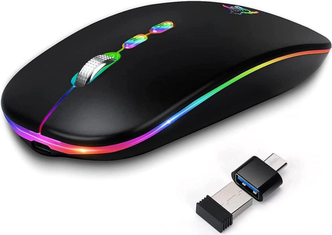 LED Wireless Mouse, Slim Rechargeable Silent Bluetooth Mouse, Portable USB Optical 2.4G Wireless Bluetooth Two Mode Computer Mice with USB Receiver and Type C Adapter (Black)