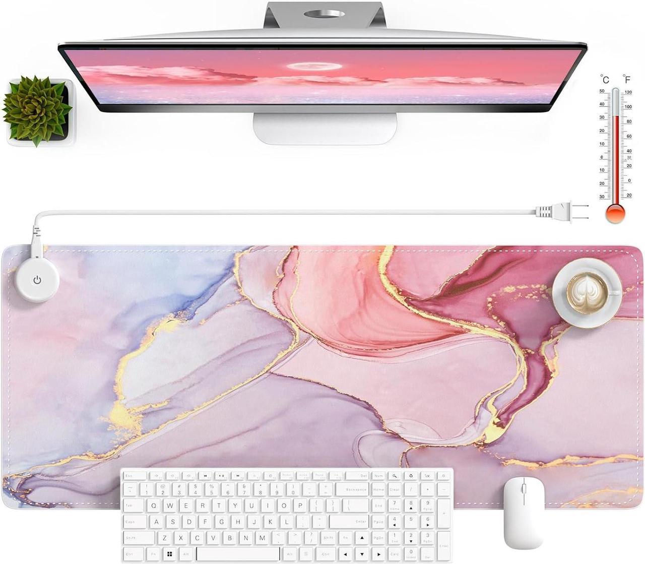 HAOCOO Heated Desk Pad Large, Warm Mouse Pad Gaming, Computer Desk Mat for Desktop, 3 Levels Heating, Auto Shut Down, Leather Laptop Keyboard Mat for Home Office Women, Pink Marble