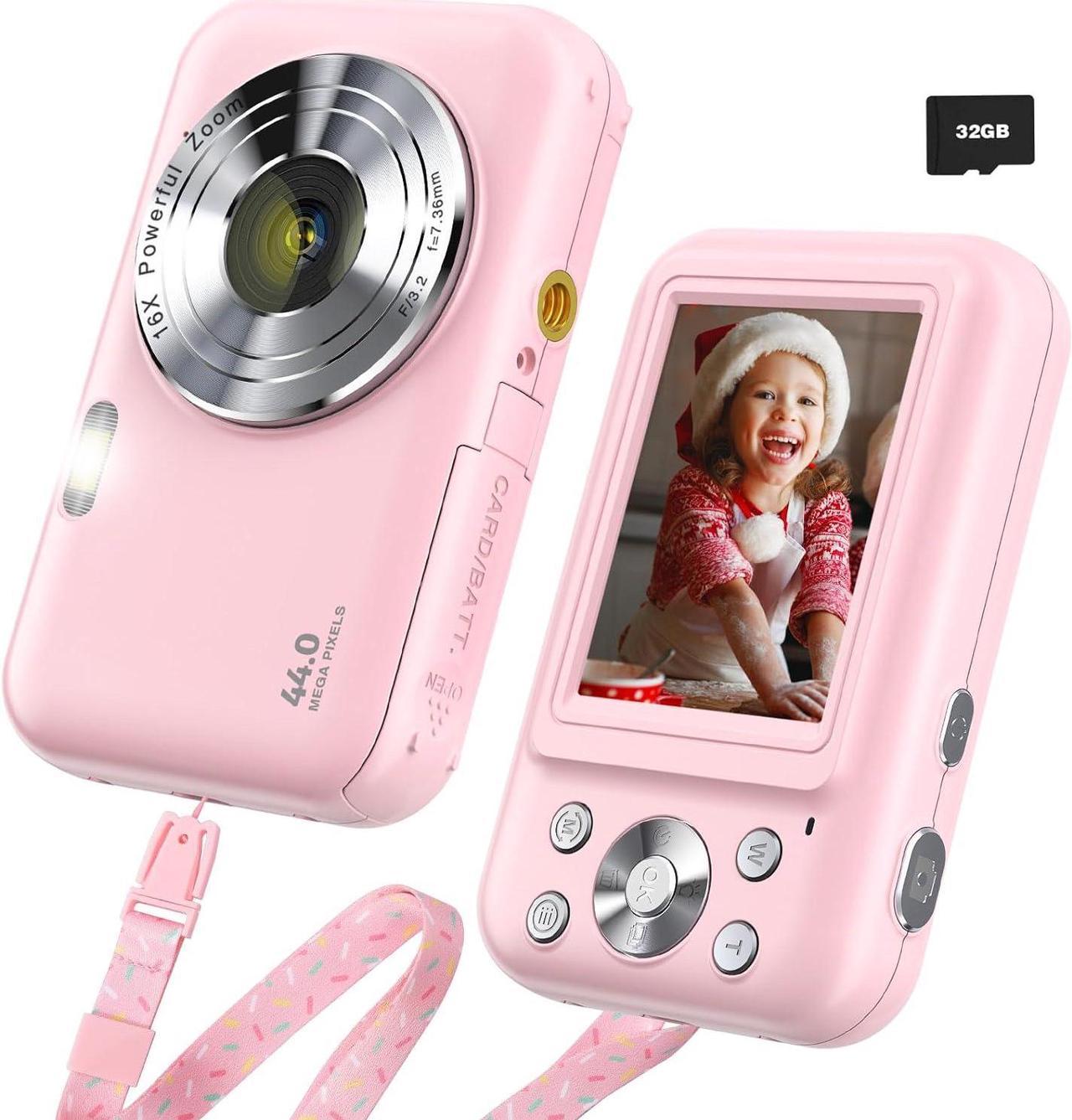 Digital Camera, FHD 1080P Kids Camera for Gift, 44MP Point and Shoot Camera with 32GB Card 16X Zoom Anti Shake, Pink Digital Camera with Fill Flash, Small Kids Digital Camera for Teens Boys Girls