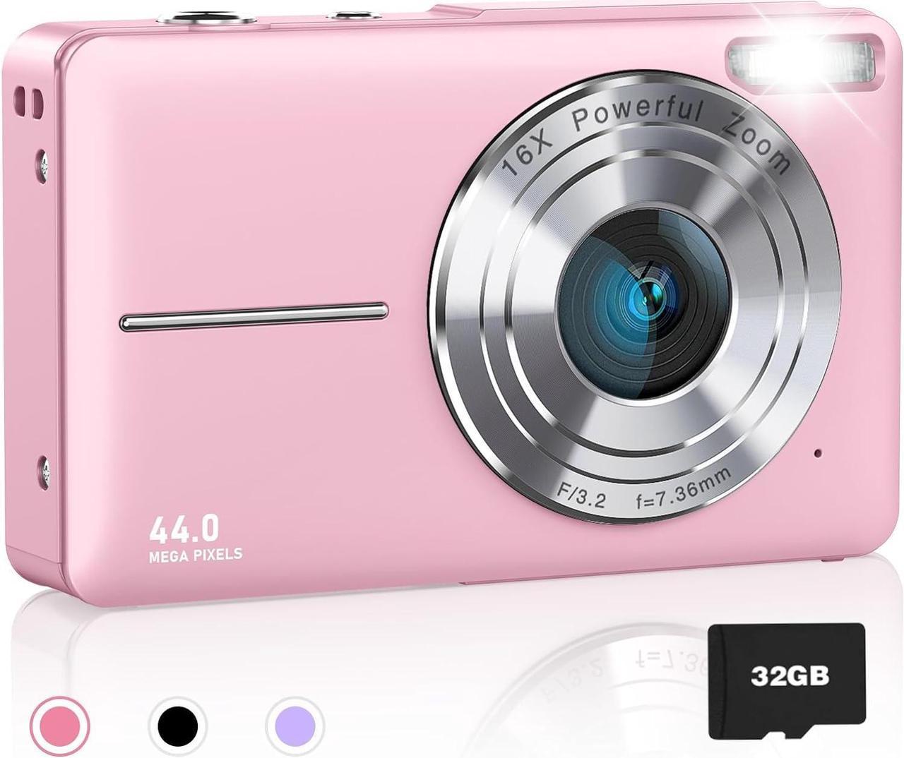 AiTechny Digital Camera for Kids, 1080P FHD Kids Camera with 32GB SD Card, 44MP Point and Shoot Digital Camera with 16X Zoom, Compact Small Vintage Camera Gifts for Teens Kids Boys Girls (Pink)