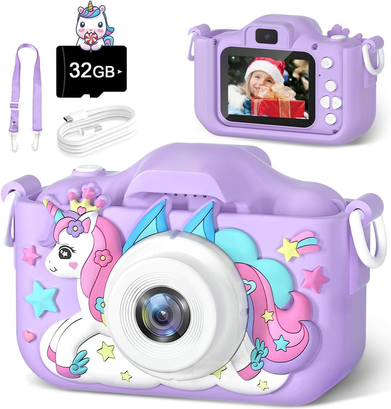 Anesky Kids Camera, Toy Camera for Kids Aged 3 4 5 6 7 8 9 10 11 12, 1080P HD Toddler Digital Video Camera, Children's Camera for Boys and Girls, Perfect Christmas & Birthday Gifts, 32GB Card - Purple