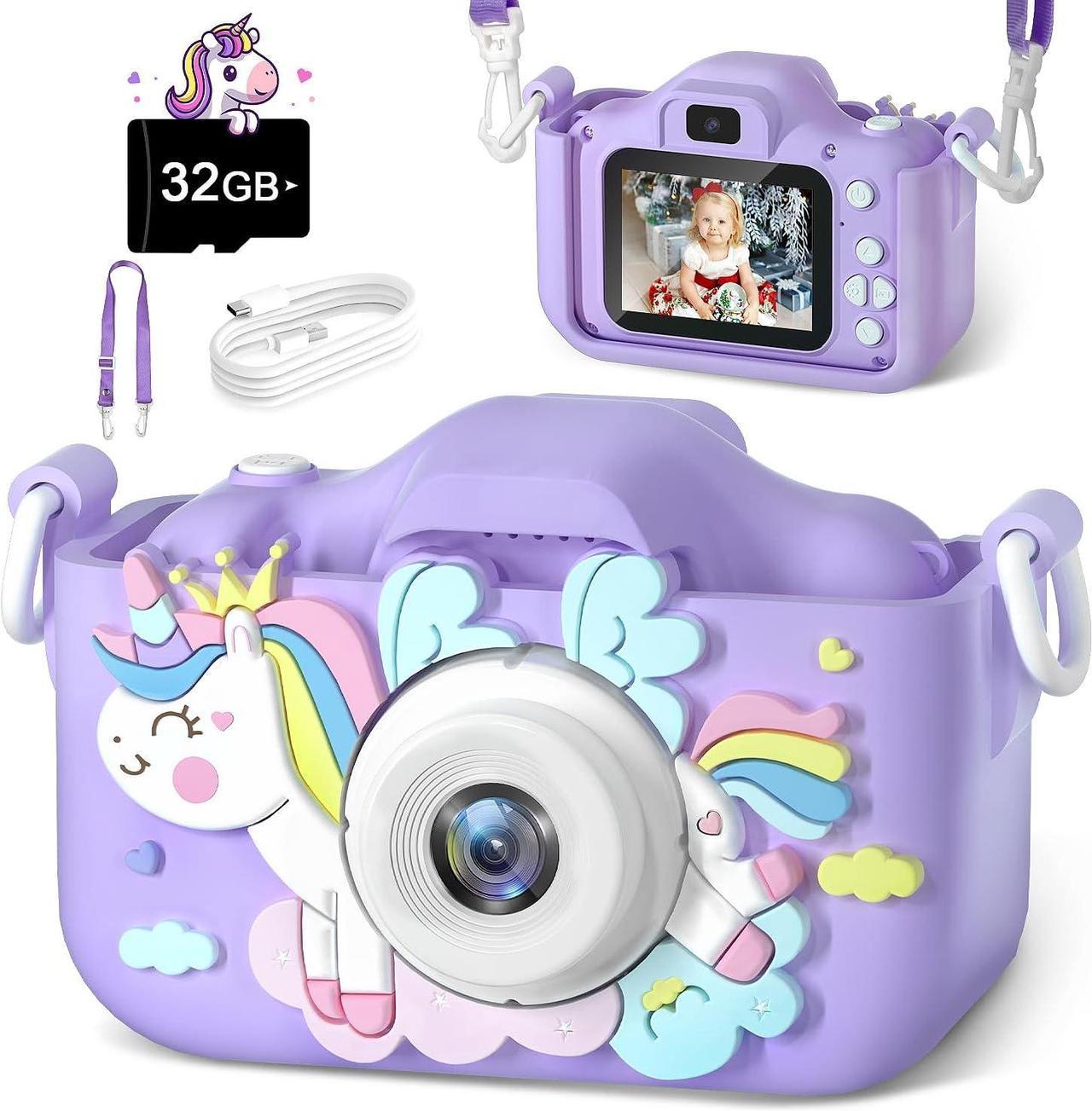 Anesky Kids Camera, Toy Camera for 3 4 5 6 7 8 9 10 11 12 Year Old Girls/Boys, Kids Digital Camera for Toddler with Video, Best Birthday Festival Gift Selfie Camera for Kids with 32GB TF Card - Purple