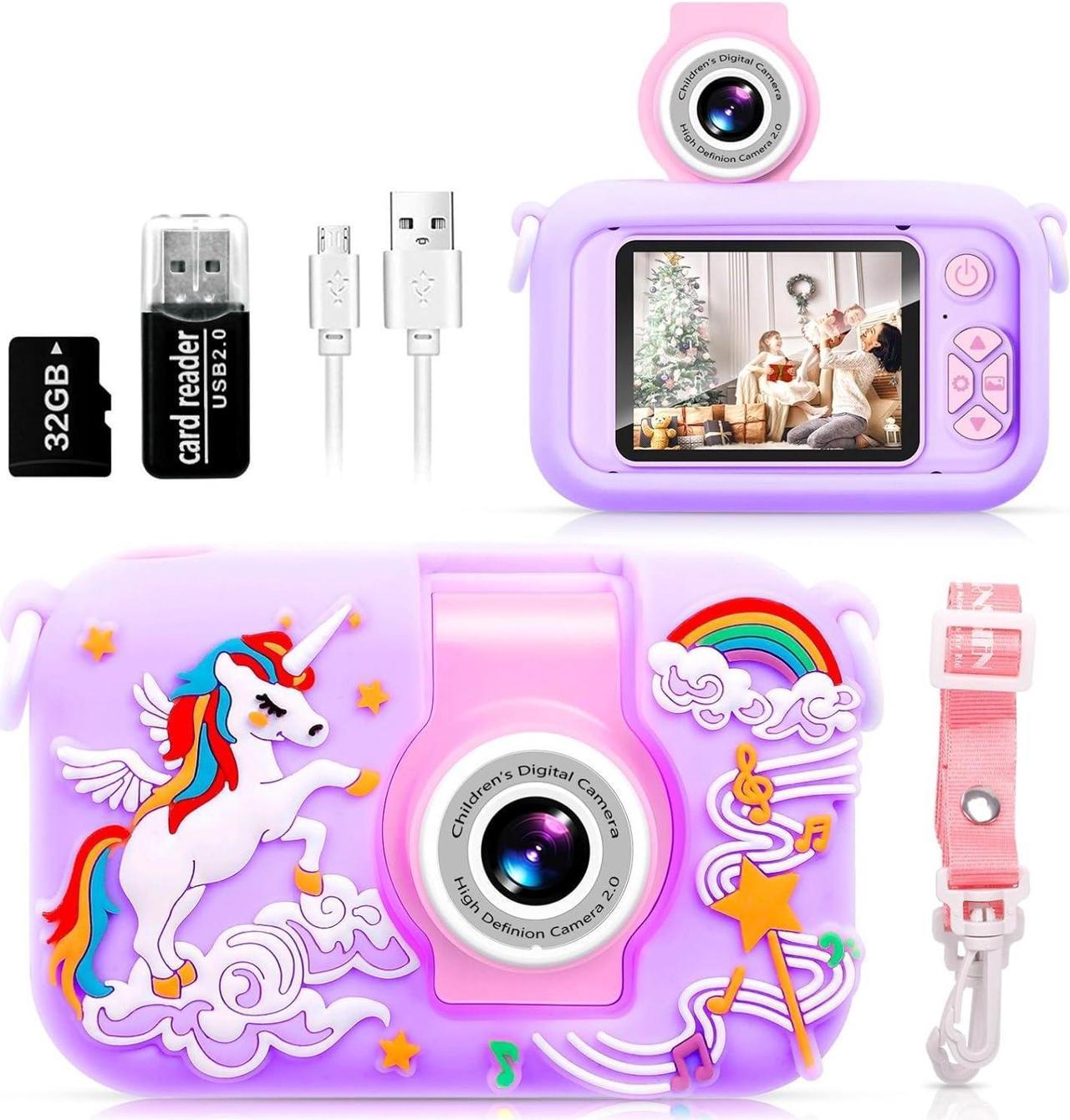 Kids Camera with 180° Flip-Up Lens, 2.4inch HD IPS Screen Digital Camera for Kids with Unicorn Silicone Case, with 32GB SD Card