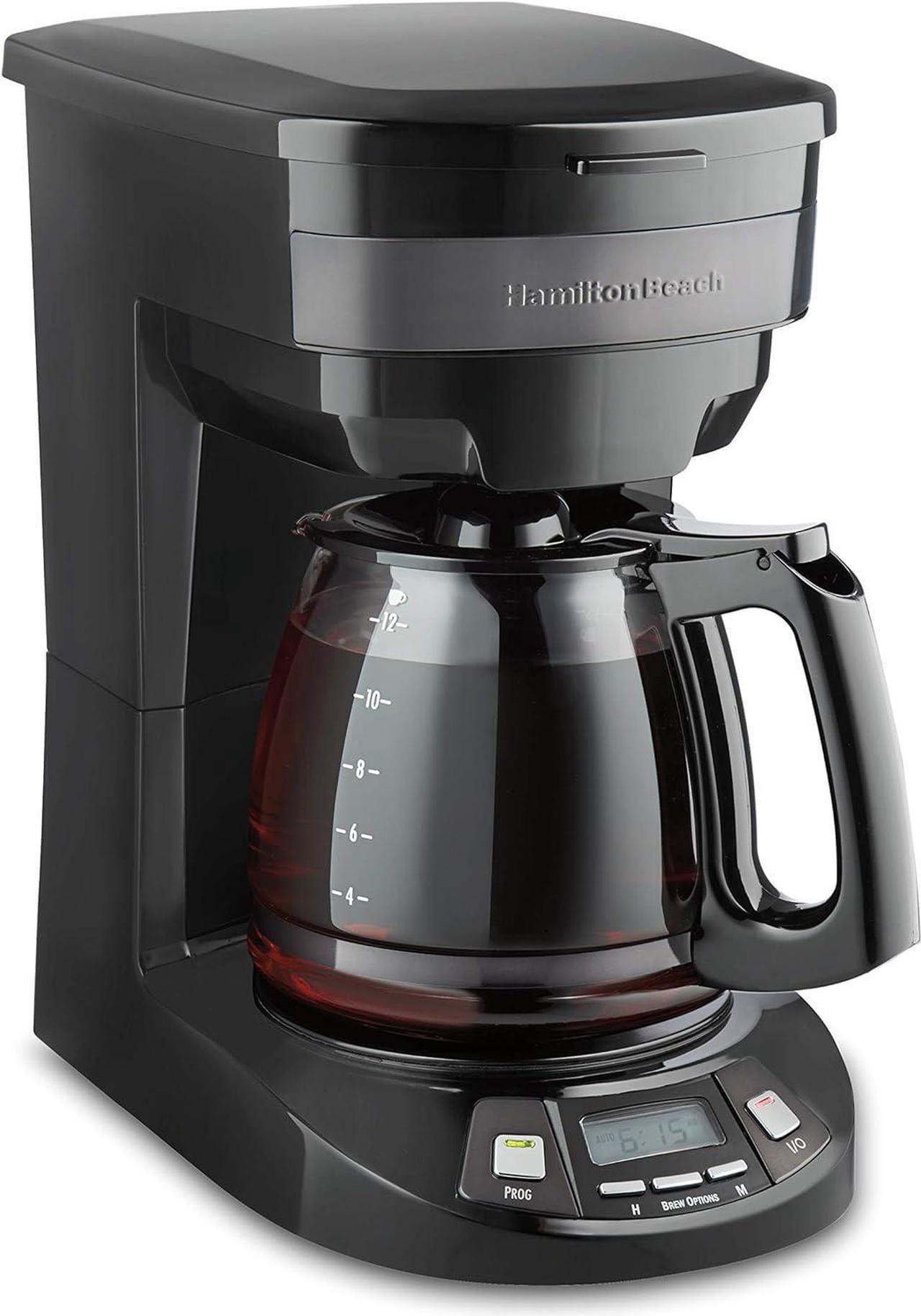 Hamilton Beach 12 Cup Programmable Drip Coffee Maker with 3 Brew Options, Glass Carafe, Auto Pause and Pour, Black Stainless (46293)