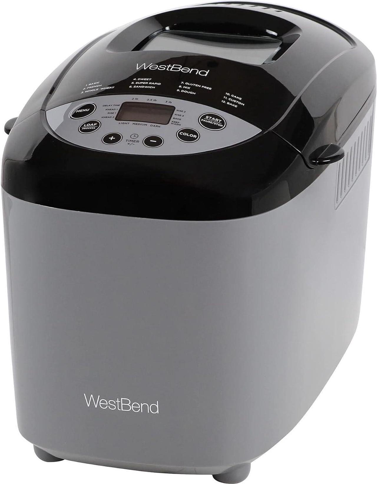 West Bend 47413 Hi-Rise Bread Maker Programmable Horizontal Dual Blade with 12 Programs Including Gluten Free, 3-Pound, Gray