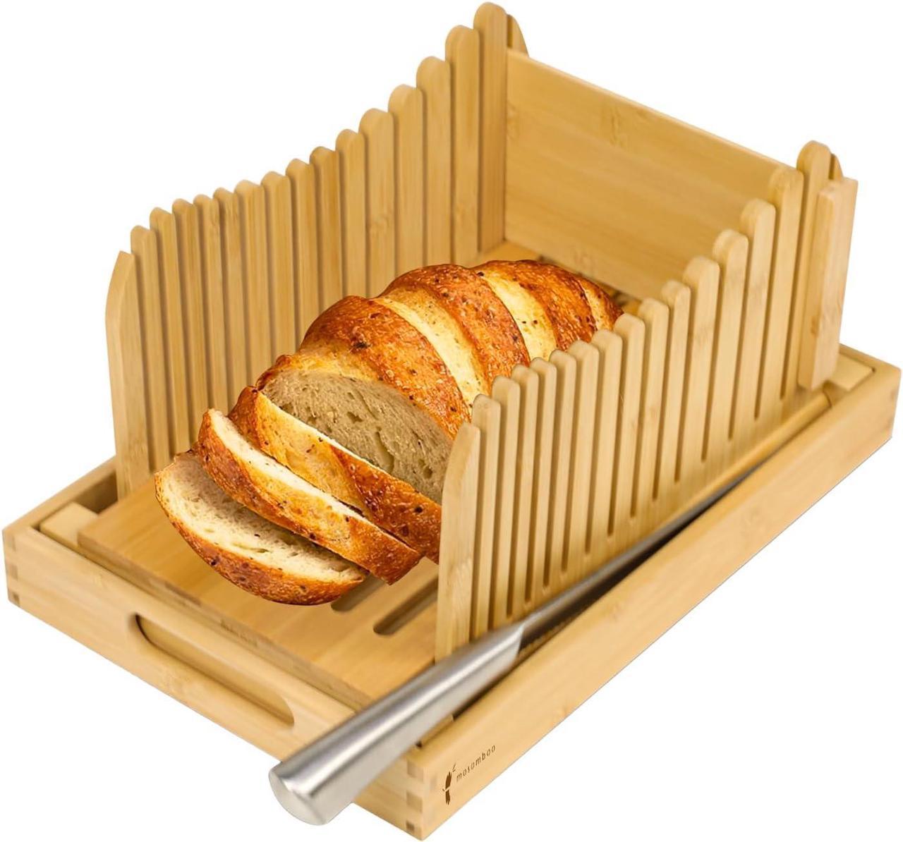 Mosomboo Bamboo Bread Slicer for Homemade Bread with Serrated Bread Knife and Crumb Tray - Foldable Bread Machine Accessory Loaf Cutter, 3 Slice Thickness, Bread Cutting Board, Kitchen Gadgets