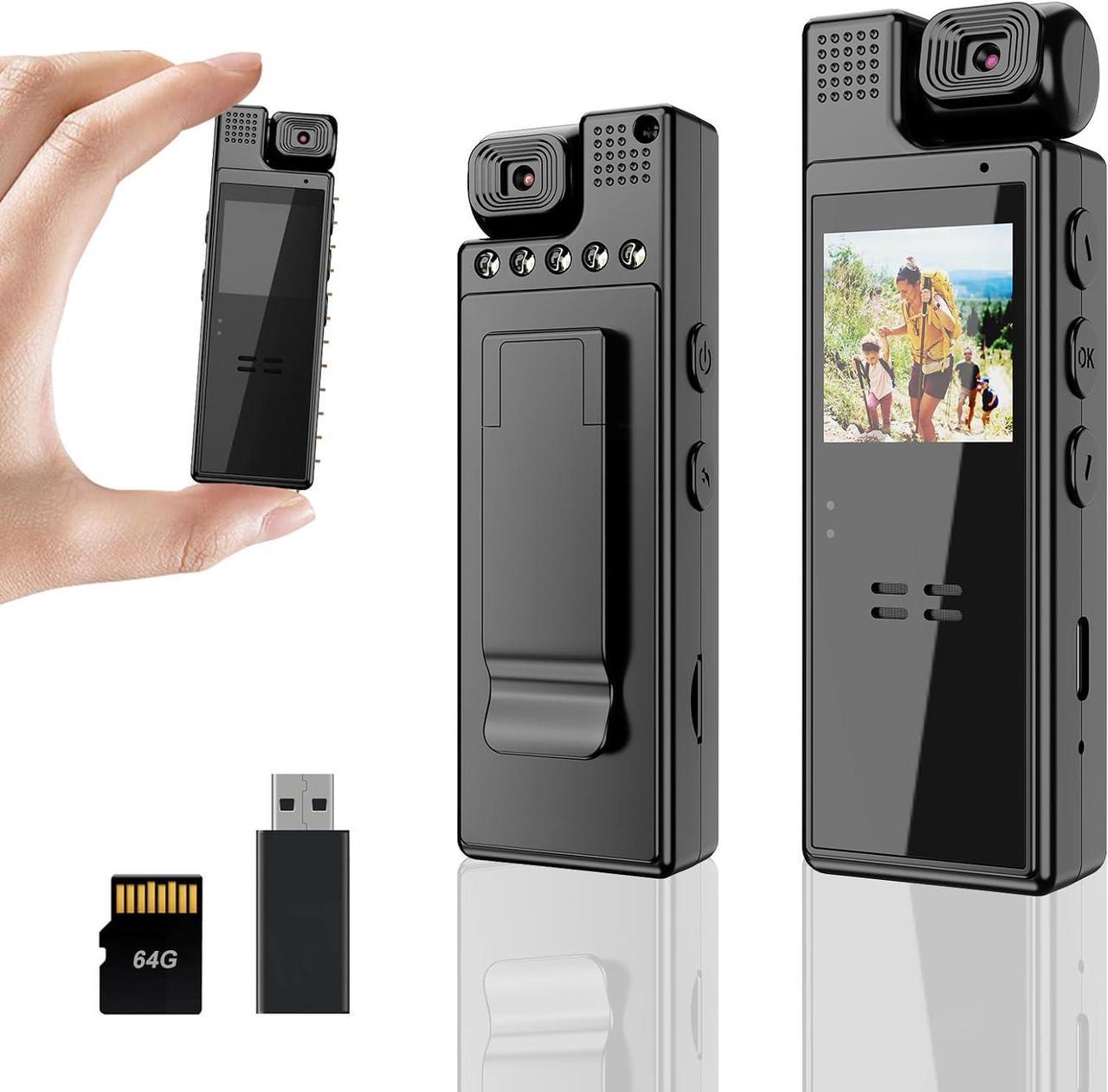 Mini Body Camera 1080P Portable Small Body Worn Cam Wearable Pocket Video Recorder with 180° Rotatable Lens, 1.3" LCD, Night Vision for Security Guard, Law Enforcement, Built-in 64G Memory Card