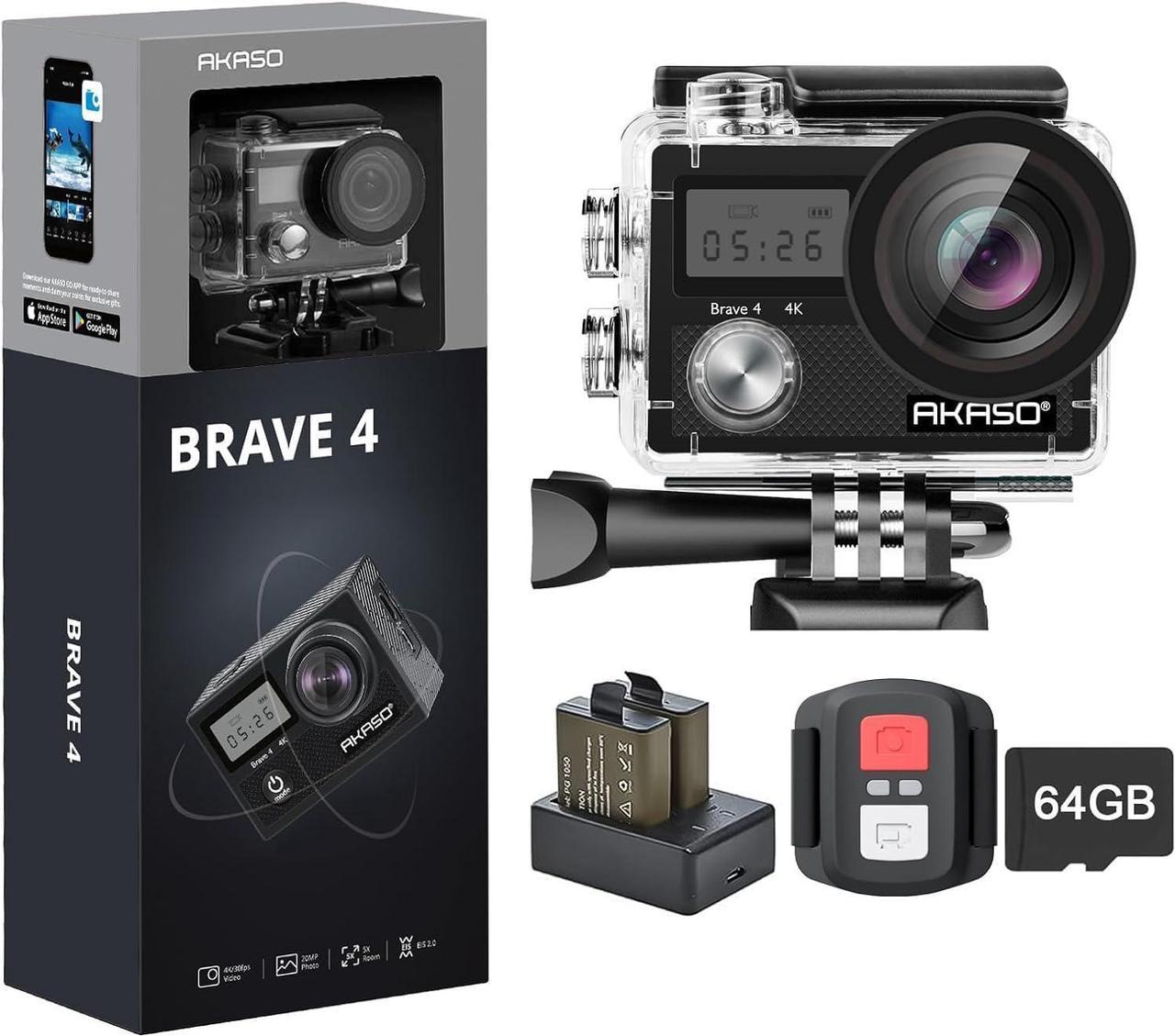 AKASO Brave 4 4K30fps Action Camera +64GB MicroSDXC Memory Card Accessories Kit Bundle - 20MP Ultra HD Photo EIS 30m Waterproof Camera WiFi Remote Control 5X Zoom Underwater Video Cameras