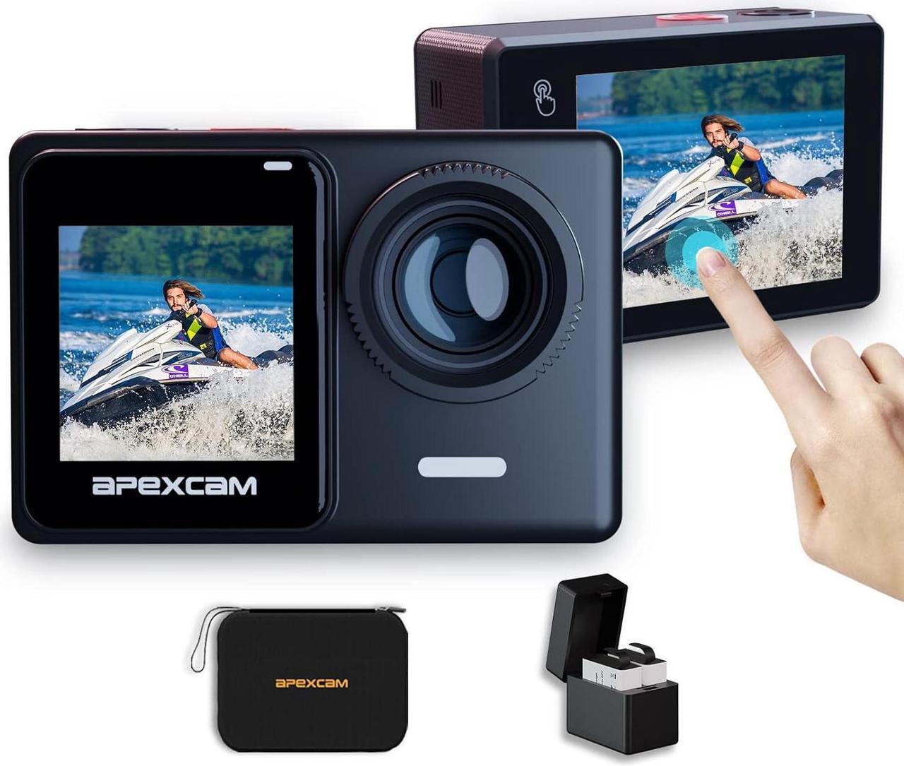 Apexcam 4K/60FPS 24MP Action Camera with Touch Screen EIS Sports Cam Dual Screen 40M Waterproof Camera Ultra HD 170° Wide Angle 2.4G Remote Control and External mic 2x1350mAh Batteries Kits