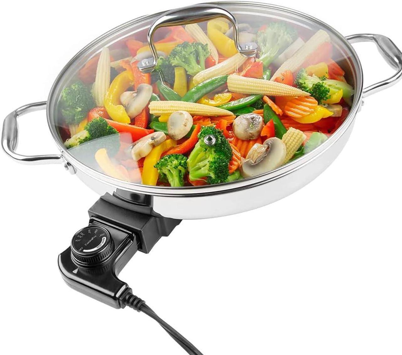 Electric Skillet By Cucina Pro - 18/10 Stainless Steel Frying Pan with Tempered Glass Lid and Handles, 12" Round, Adjustable Temperature Control Knob, Portable and Includes Recipe Guide, Great Gift