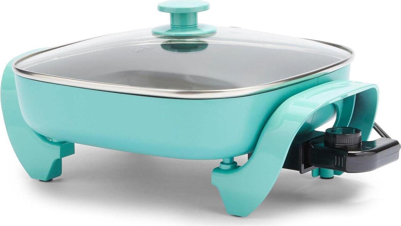 GreenLife Healthy Ceramic Nonstick, 12" 5QT Square Electric Skillet with Glass Lid, Dishwasher Safe, Adjustable Temperature Control, PFAS-Free, Turquoise