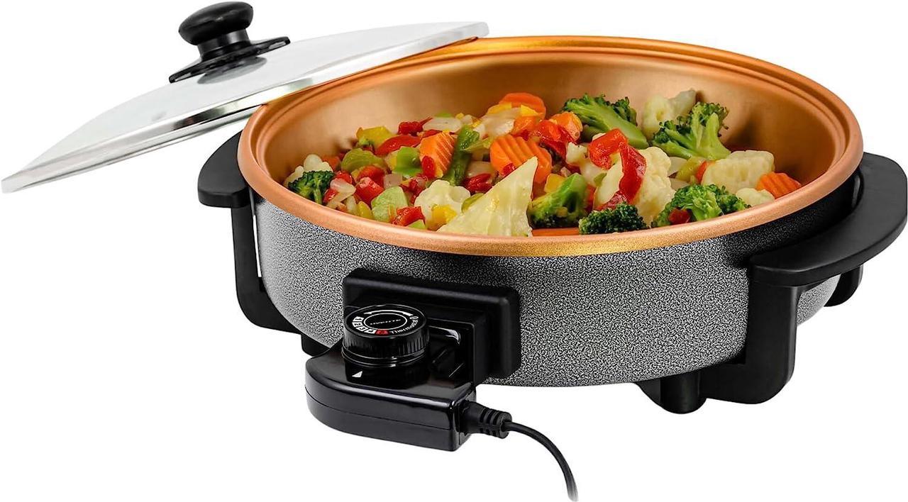 Ovente SK11112CO Electric Skillet with Non-Stick Aluminum Body, 12 Inch, 1400-Watts, Temperature Controller, Tempered Glass Cover, Cool-Touch Handles, Copper Interior