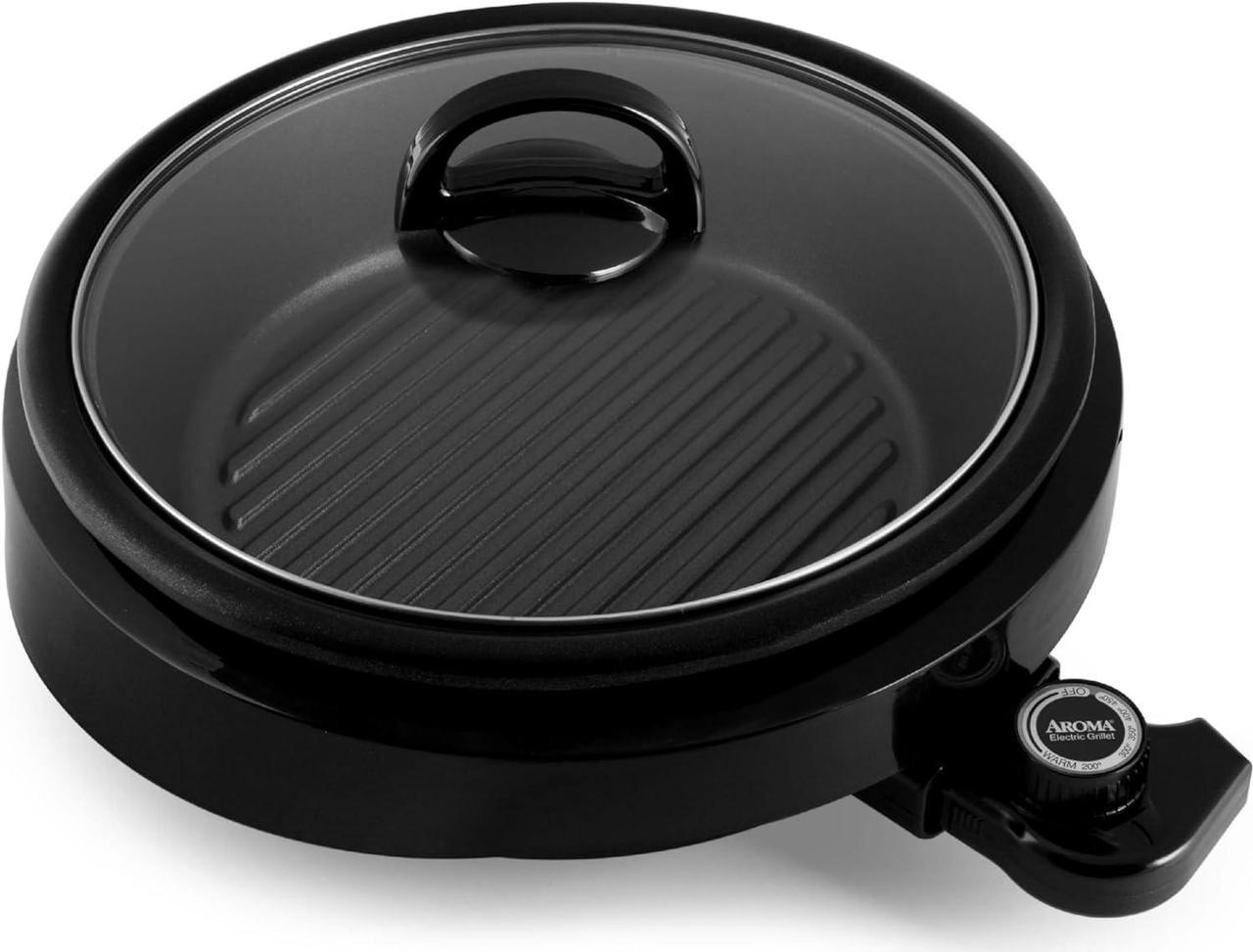 Aroma Housewares ASP-137B Grillet 3Qt. 3-in-1 Cool-Touch Electric Indoor Grill Portable, Dishwasher Safe, with 10 in. Nonstick Pan & Tempered Glass Lid, Black