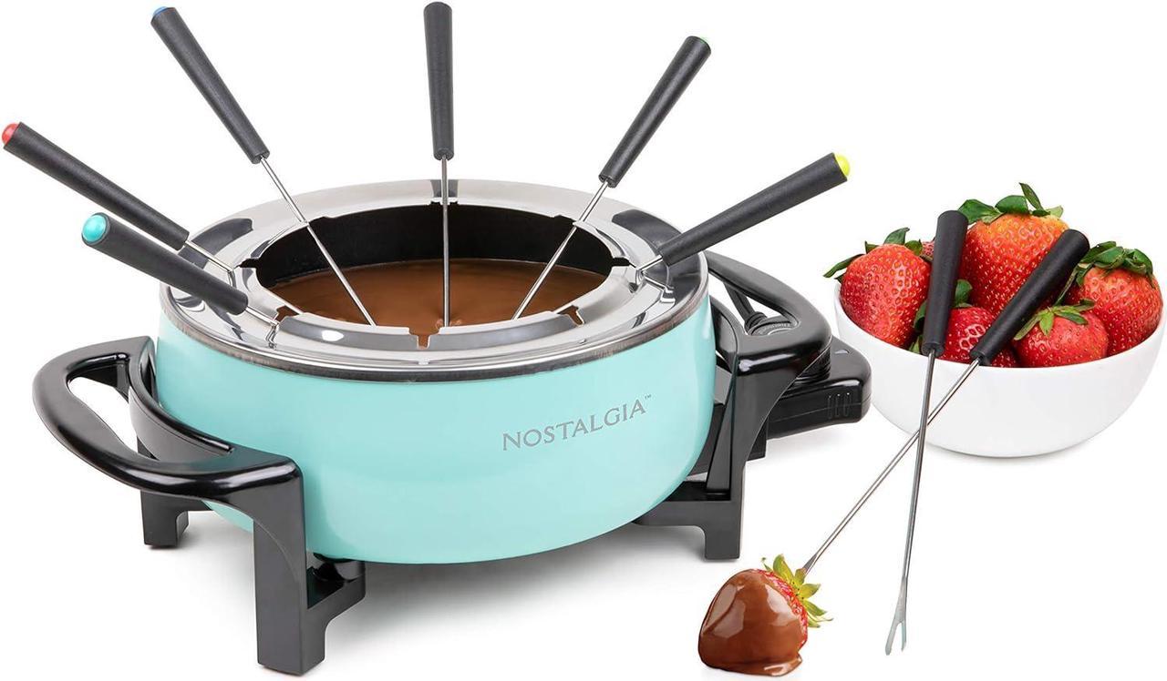 Nostalgia Electric Fondue Pot, 12-Cup, Fondue Machine with Temperature Control, 8 Forks, Cool-Touch Handles, Perfect for Chocolate Melting, Cheese, Caramel, Aqua, FPS6AQ