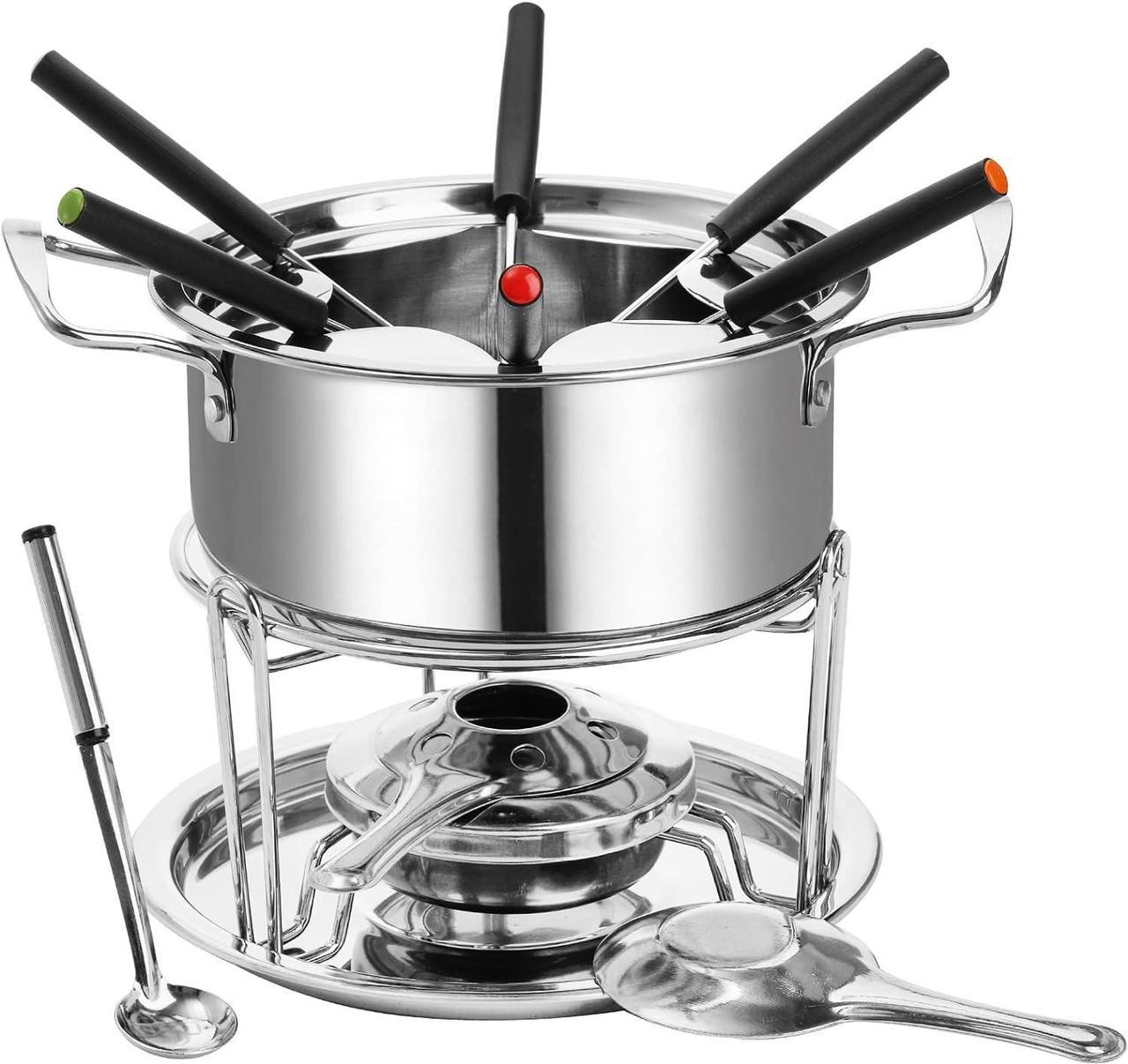 Okllen Stainless Steel Fondue Pot Set with Forks, Candy Melting Pot Fondue Set, Cheese Fondue Pot for Chocolate, Sauces, Ice Cream, Temperature Control