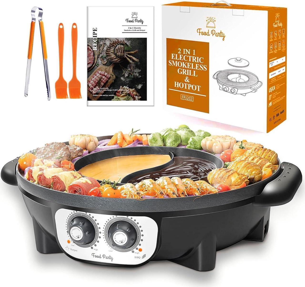 Food Party Hot Pot Electric and BBQ Grill Smokeless 2 in 1 Chinese Hotpot with Divider Shabu Shabu Hot Pot Korean BBQ Grill Indoor Large Fondue