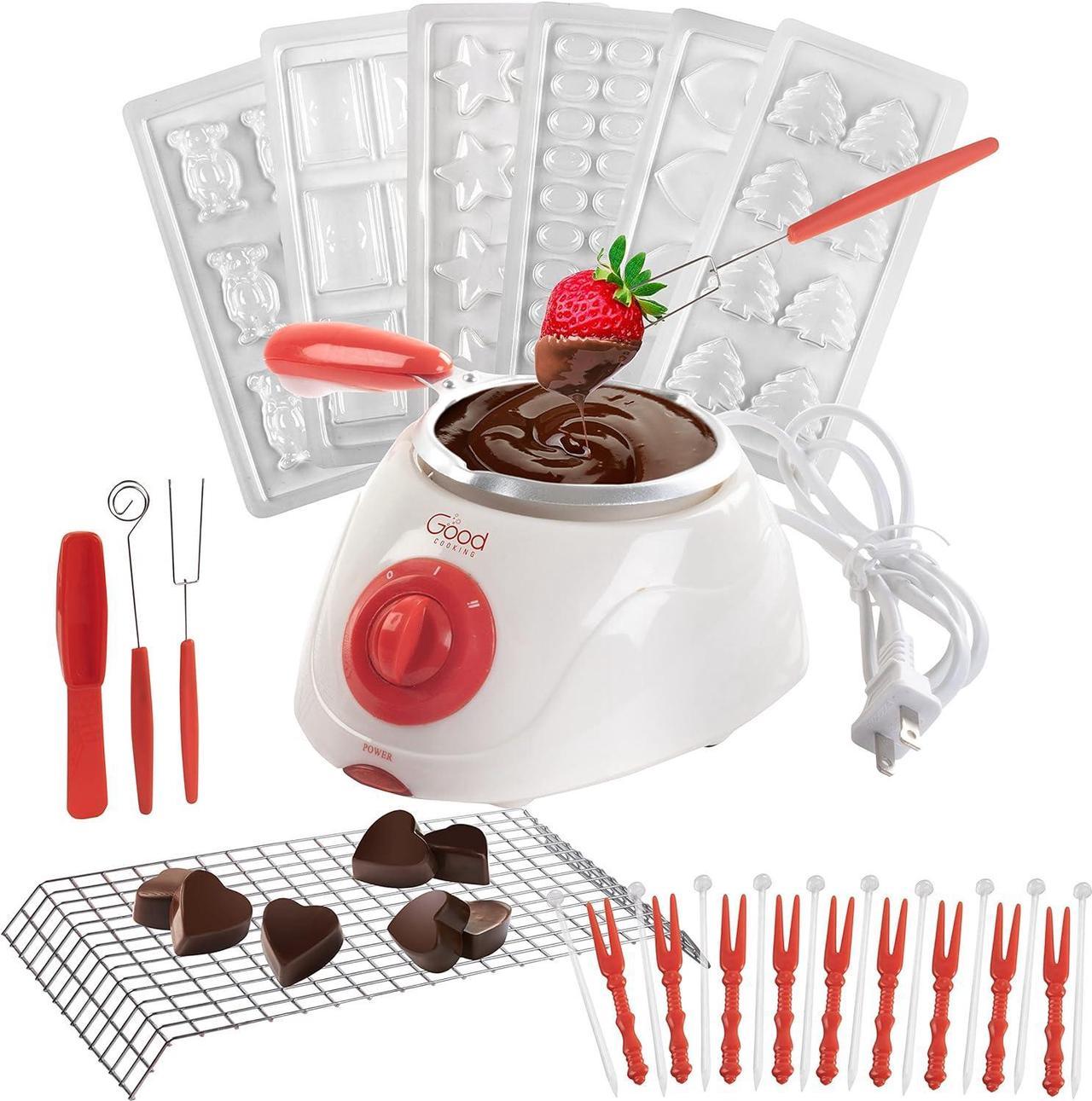 Electric Chocolate Melting Pot Set - Candy Making or Cheese Fondue Fountain Kit w 30+ Accessories- 7 Chocolate Mold Trays & Dipping Forks, Recipe Book- Appetizers, Desserts- A Great Father's Day Gift!