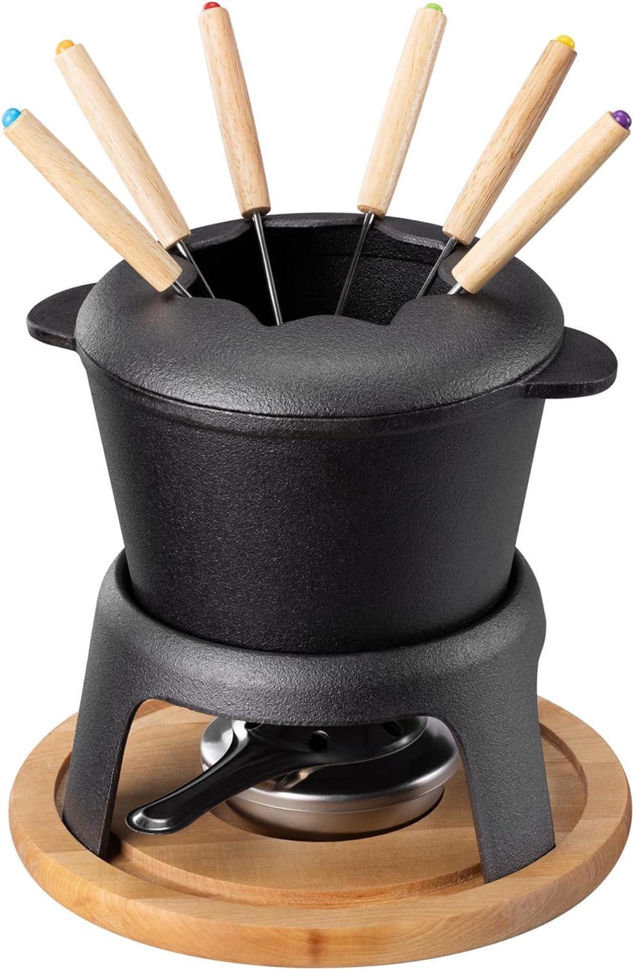 Navaris Cheese Fondue Set for 6 People - 2qt Cast Iron Fondue Sets with 6 Colour Coded Forks for Cheese, Chocolate or Meat - with Removable Splash Guard