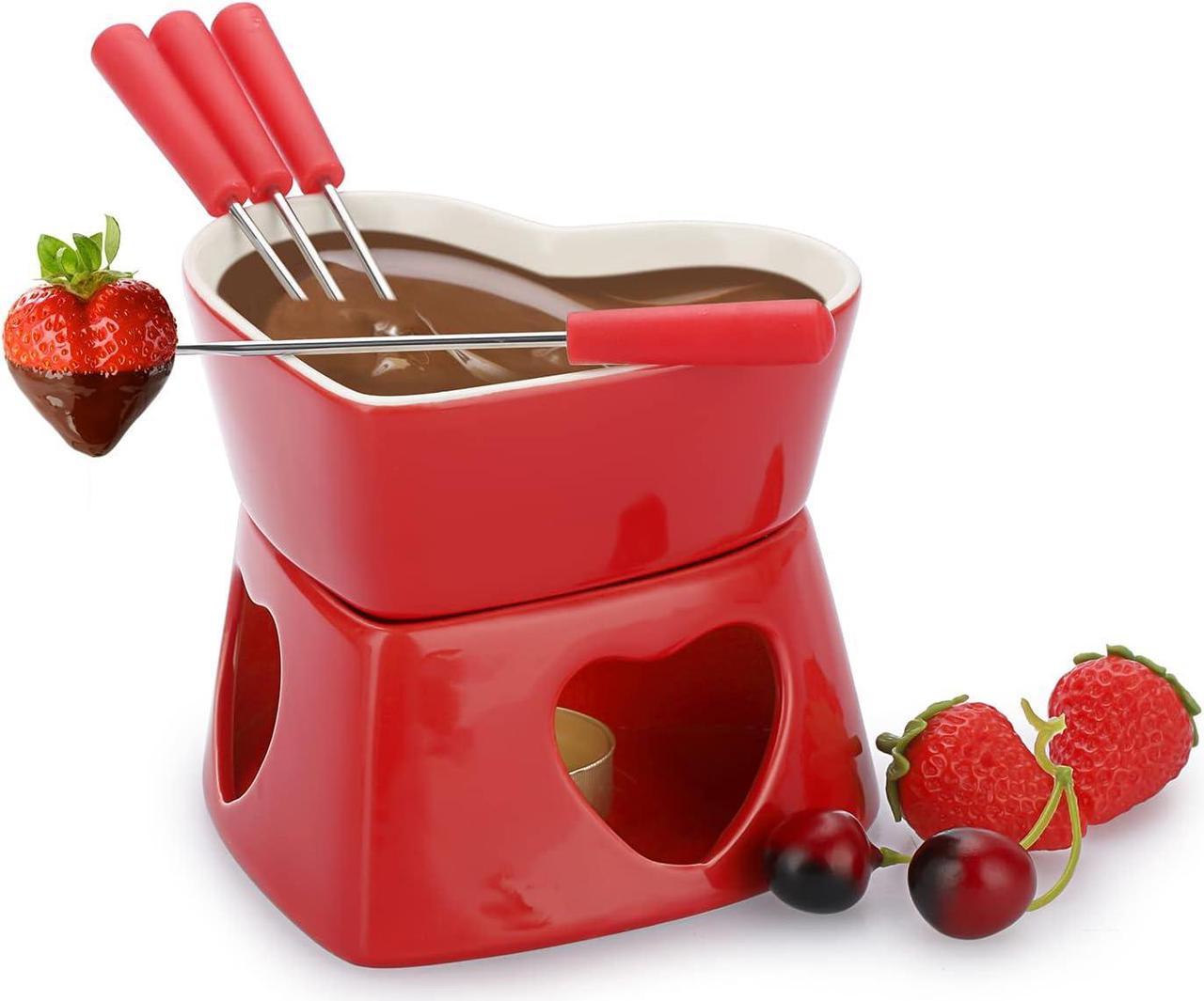 JuxYes 320ml Red Ceramic Chocolate Fondue Heart Shaped Pot Butter Warmer Bowl Set with 4 Dipping Forks, Cheese Butter Chocolate Serving Fondue Pot Set, Family Melting Hot Pot