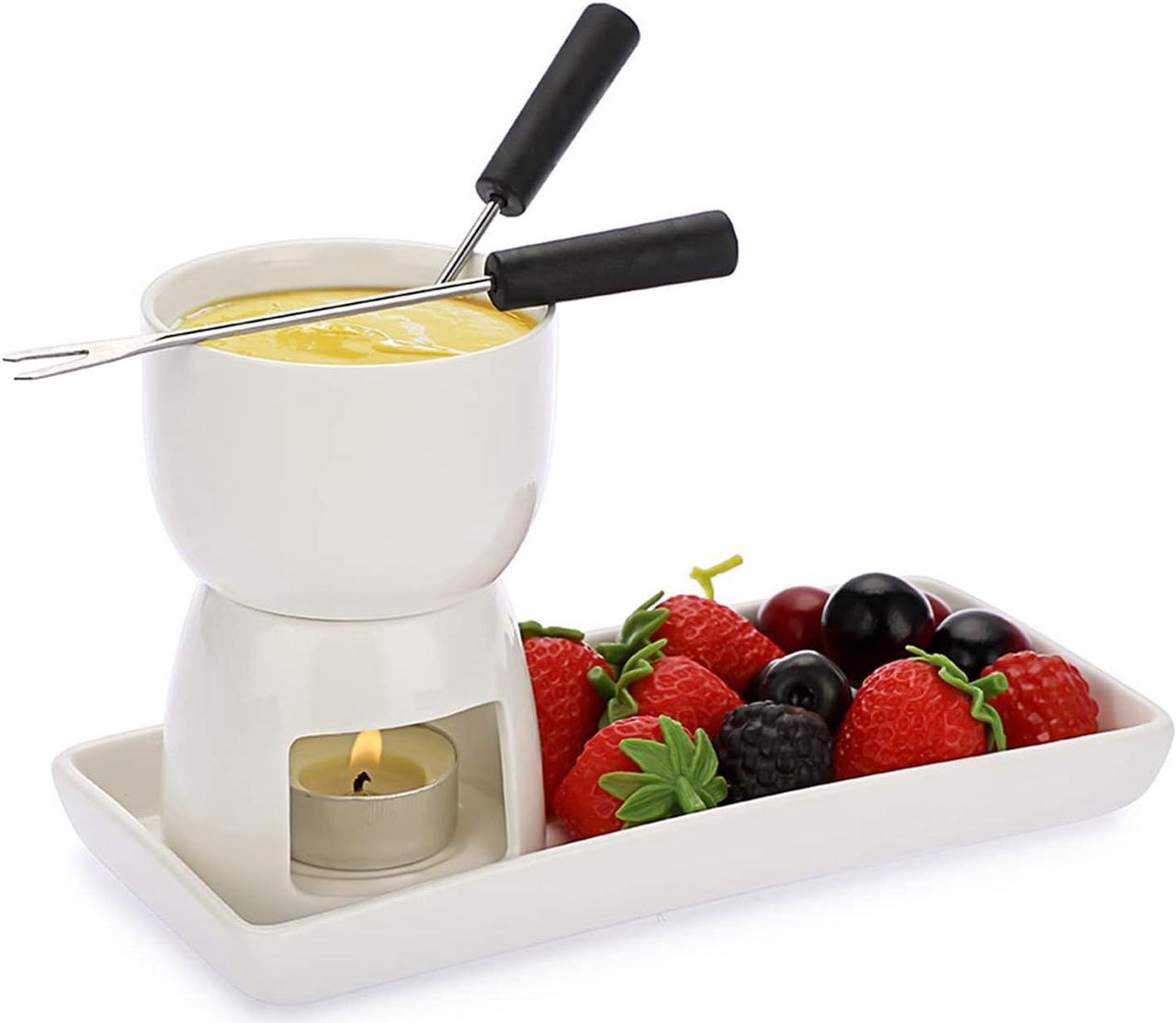 JuxYes 150ml Mini Ceramic Butter Chocolate Fondue Pot Set with 2 Forks and 1 Rectangle Dish, Cheese Warmer Fondue Pot, Family Melting Hot Pot for Tapas