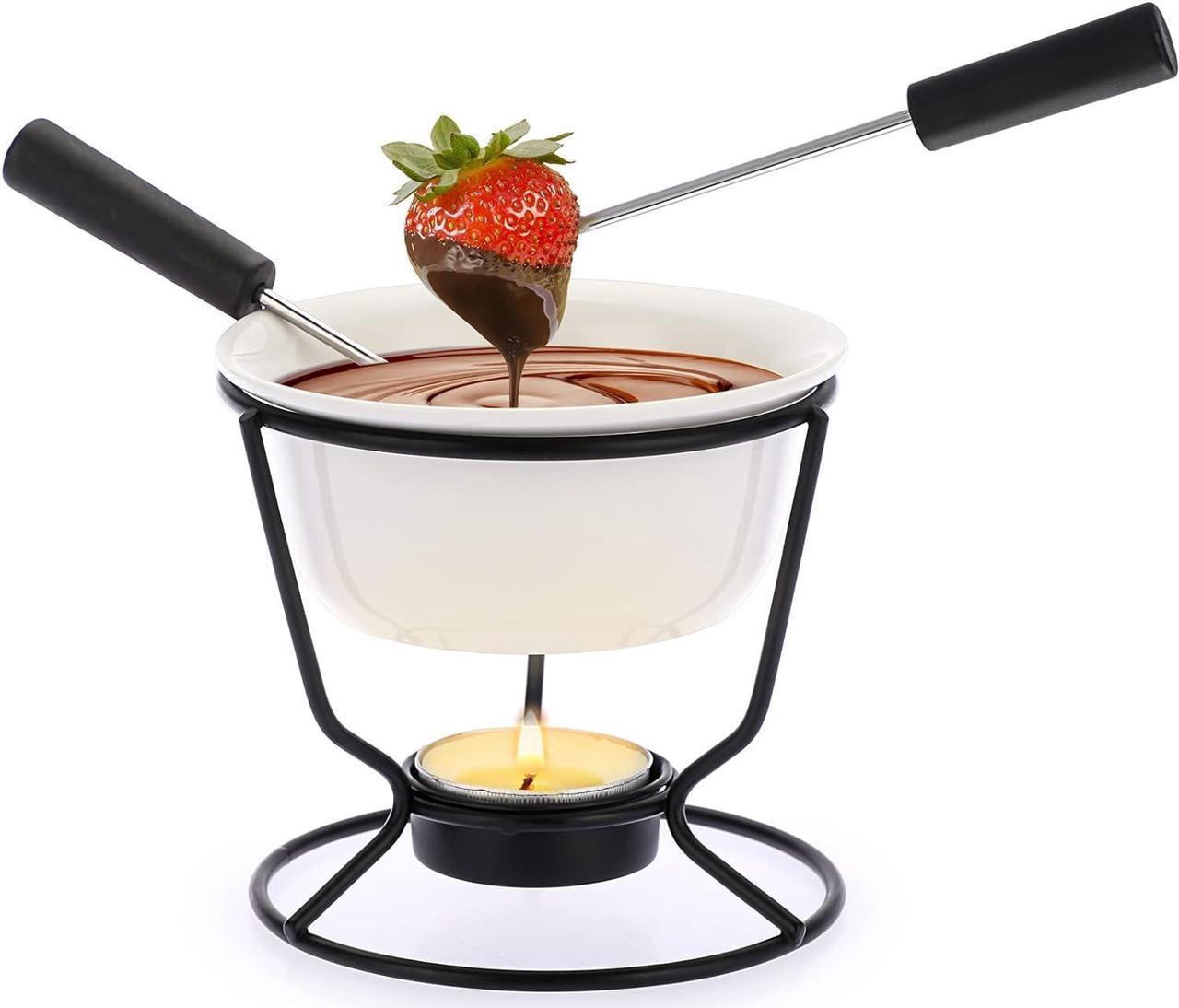 JuxYes 140ml Mini Ceramic Butter Chocolate Serving Fondue Pot Set with 2 Forks, Cheese Butter Warmer Fondue Pot Set, Family Melting Hot Pot for Tapas