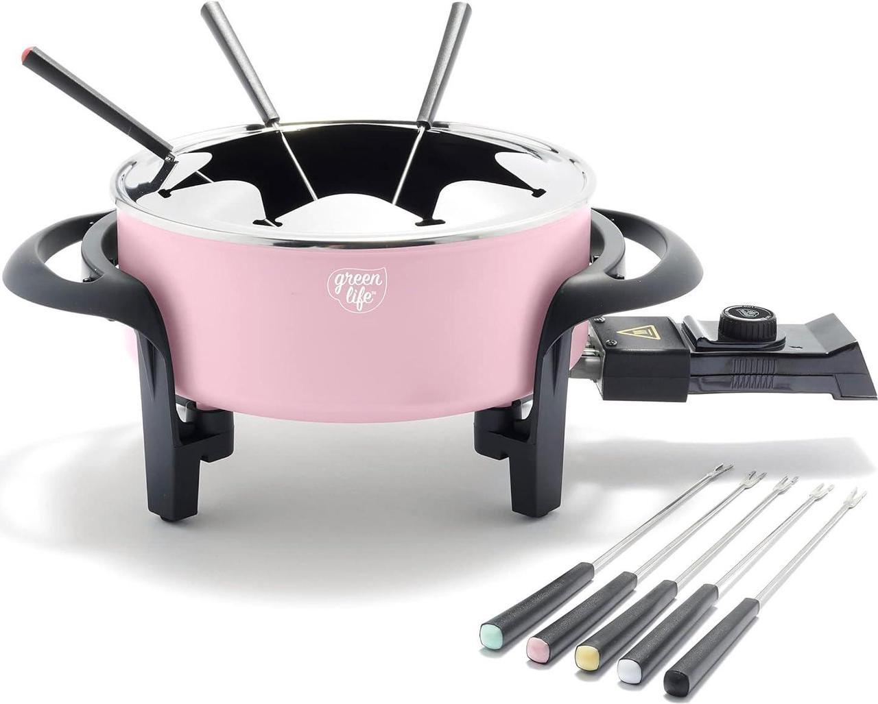 GreenLife 14 Cup Electric Fondue Maker Pot Set for Cheese, Chocolate, and Meat, 8 Color Coded Forks, Healthy Ceramic Nonstick, Adjustable Temperature Control, Dishwasher Safe Parts, PFAS-Free, Pink