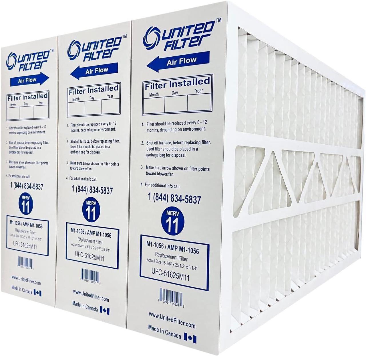 United Filter Compatible with OEM M1-1056 16x25x5 MERV 11 Furnace Air Filter (Case of 3) (15-3/8 x 25-1/2 x 5-1/4) A/C, HVAC Filters Purifies, Captures Pollen, Mould, Smoke - Made in Canada