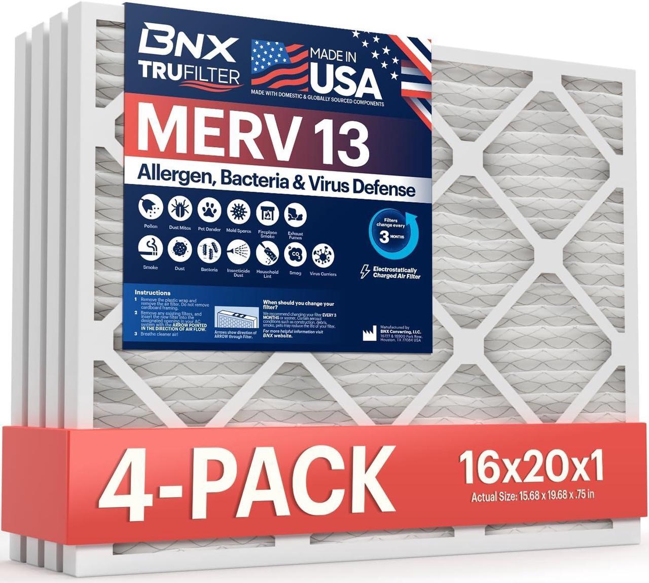 BNX 16x20x1 MERV 13 AC Furance Air Filter 4 Pack - MADE IN USA - Electrostatic Pleated Air Conditioner HVAC AC Furnace Filters - Removes Pollen, Mold, Bacteria, Smoke