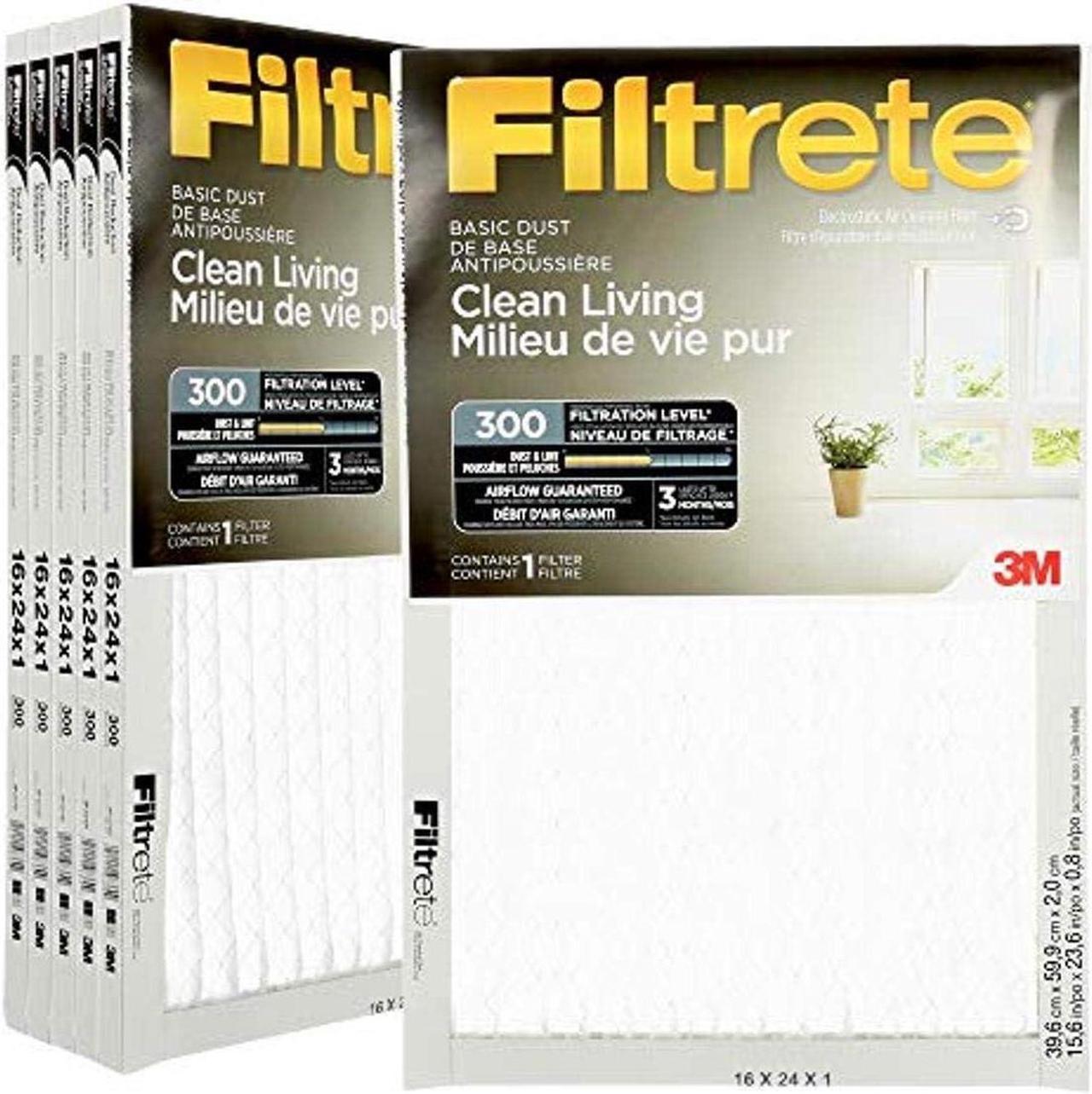 Filtrete 16x24x1 Furnace Filter, MPR 300, MERV 5, Clean Living Basic Dust 3-Month Pleated 1-Inch Air Filters, 6 Filters