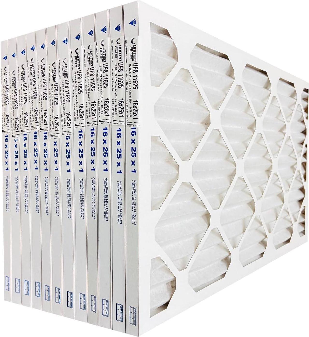 United Filter 16x25x1 MERV 8 Furnace Air Filters (Case of 12) Exact Size 15-1/2" x 24-1/2" x 3/4" HVAC Filters Purify Air, Removes Pollen, Mould, Bacteria & Smoke - Replacement Filters Made in Canada