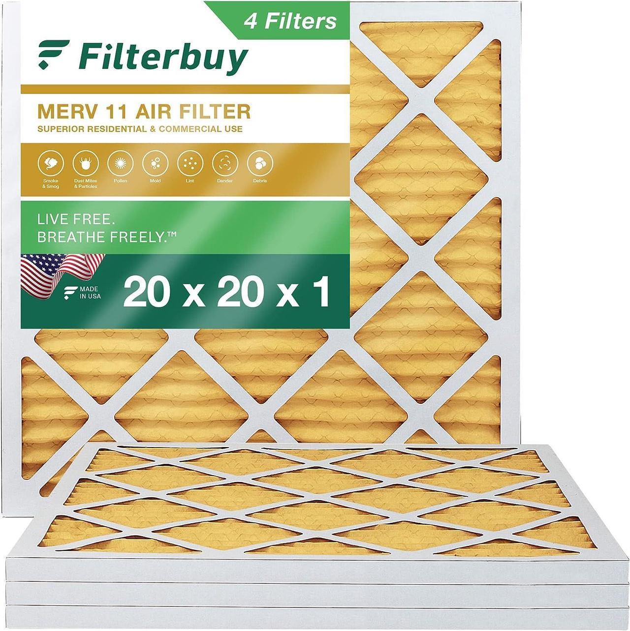 Filterbuy 20x20x1 Air Filter MERV 11 Allergen Defense (4-Pack), Pleated HVAC AC Furnace Air Filters Replacement (Actual Size: 19.50 x 19.50 x 0.75 Inches)