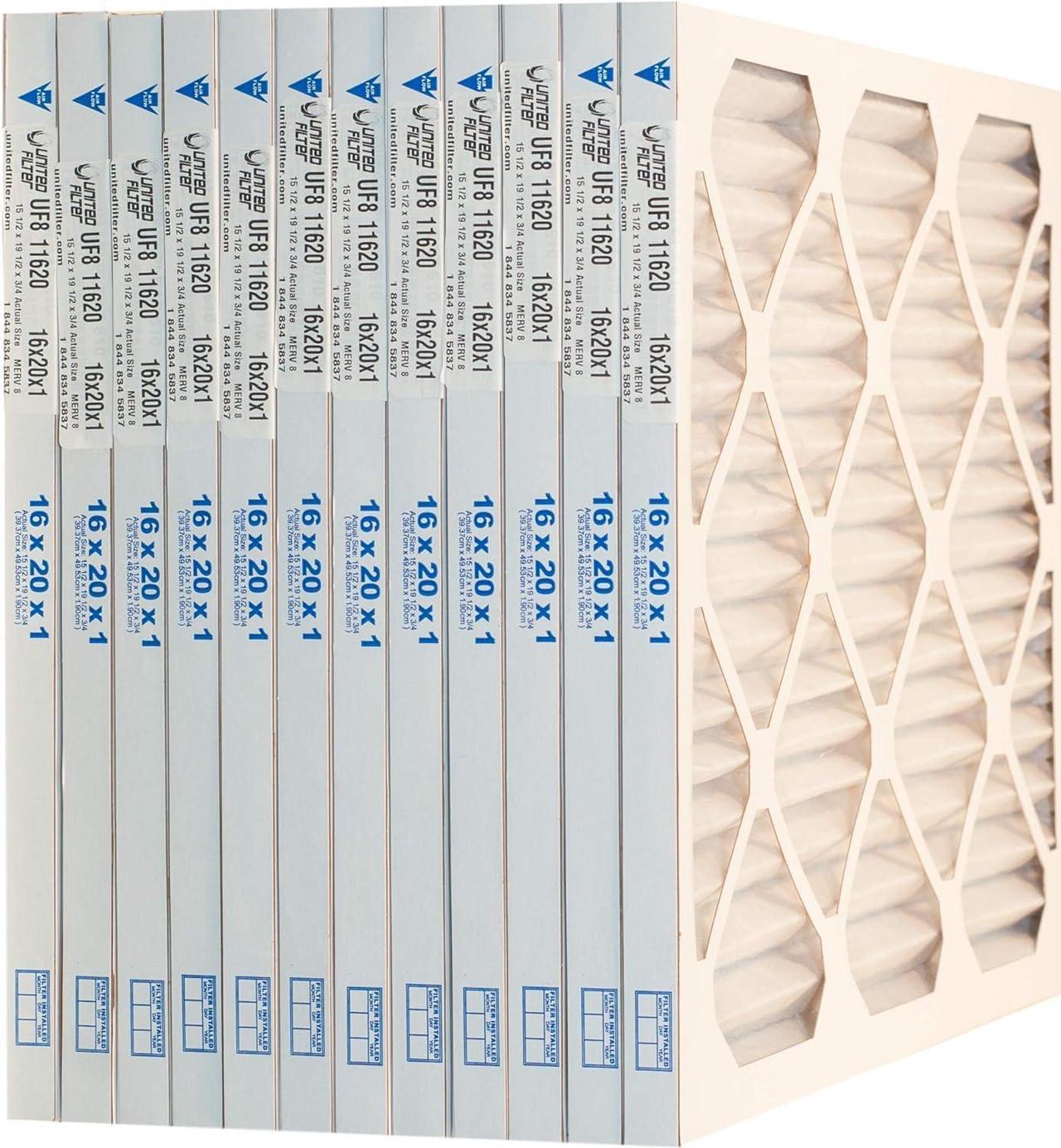 United Filter 16x20x1 MERV 8 Furnace Filters (Case of 12) - HVAC Filters for Home & Office - Purify Air, Removes Pollen, Mould, Bacteria & Smoke - Replacement Air Filters Made in Canada